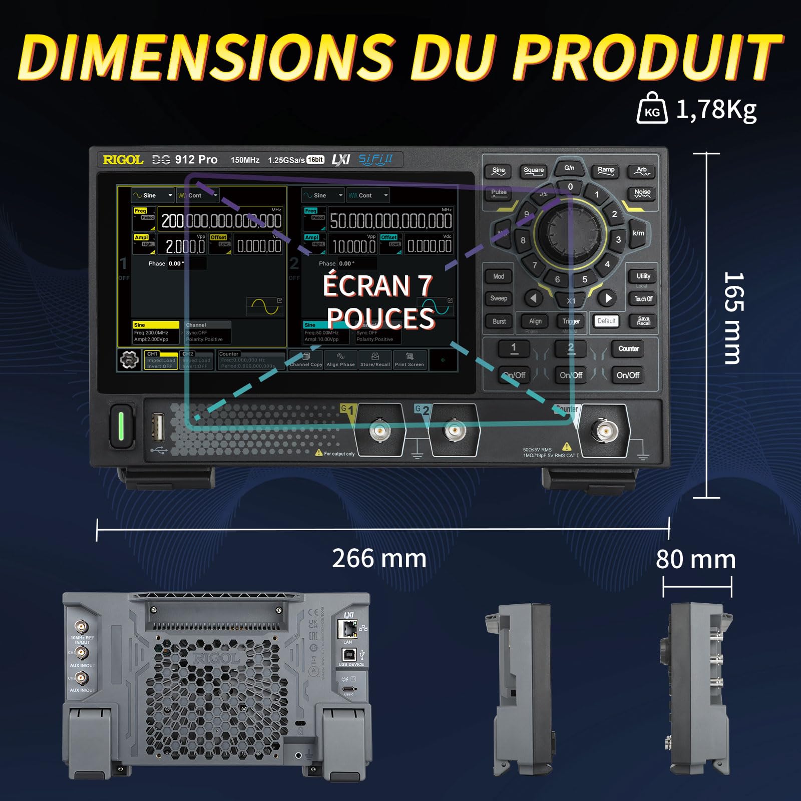 RIGOL Générateurs de Fonctions,DG912 Pro Générateur de Signaux,150 MHz,2 Canal,16 bits,écran tactile HD 7 pouces,Ultra-portable,Idéal pour les tests sur site et l’enseignement en laboratoire