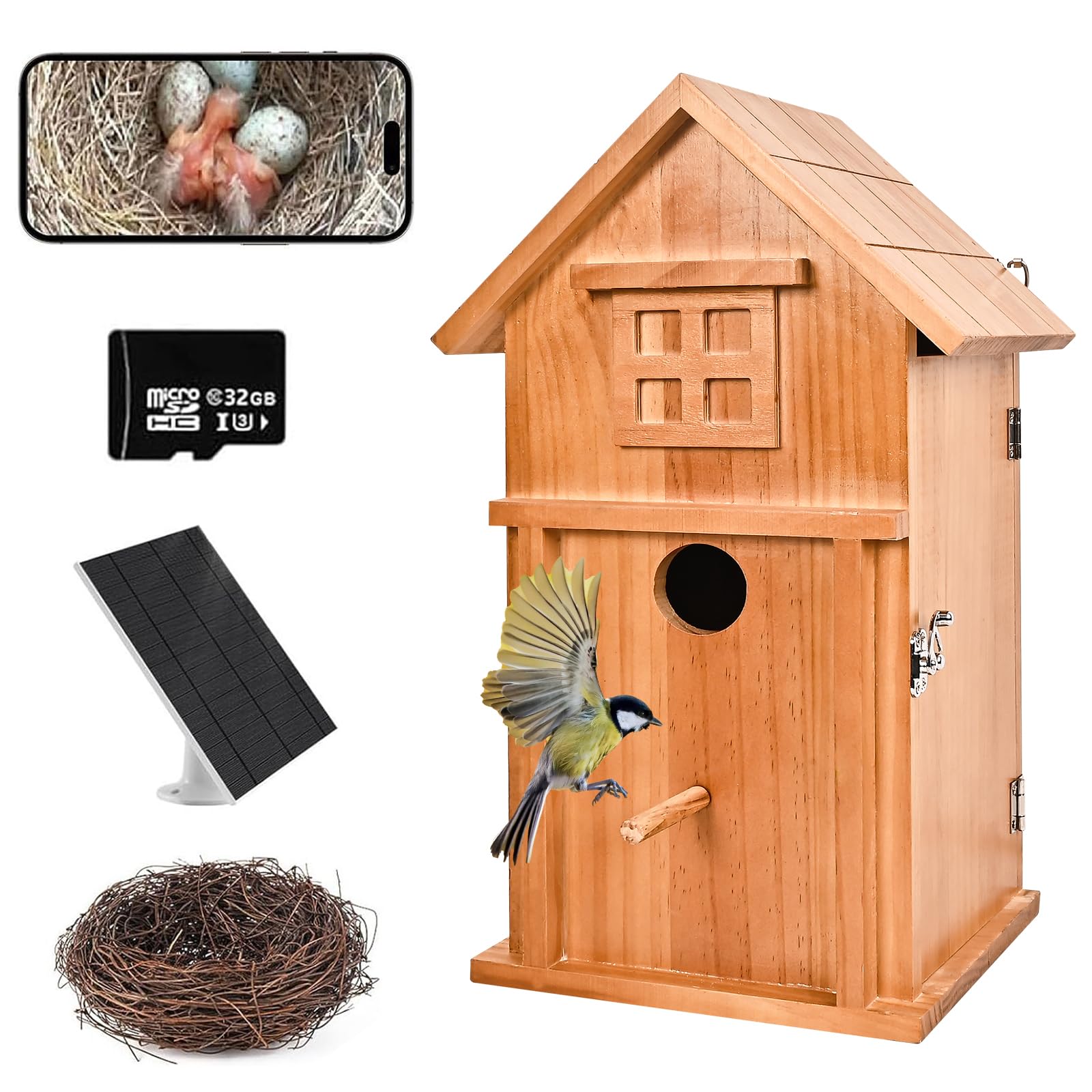 Smart Birdhouse, 1080P HD Outdoor-Design, 2,4 G WLAN, automatische Aufnahme von Vogelvideo und Bewegungserkennung, Nachtsicht, Vogelhaus mit Kamera (dunkel)