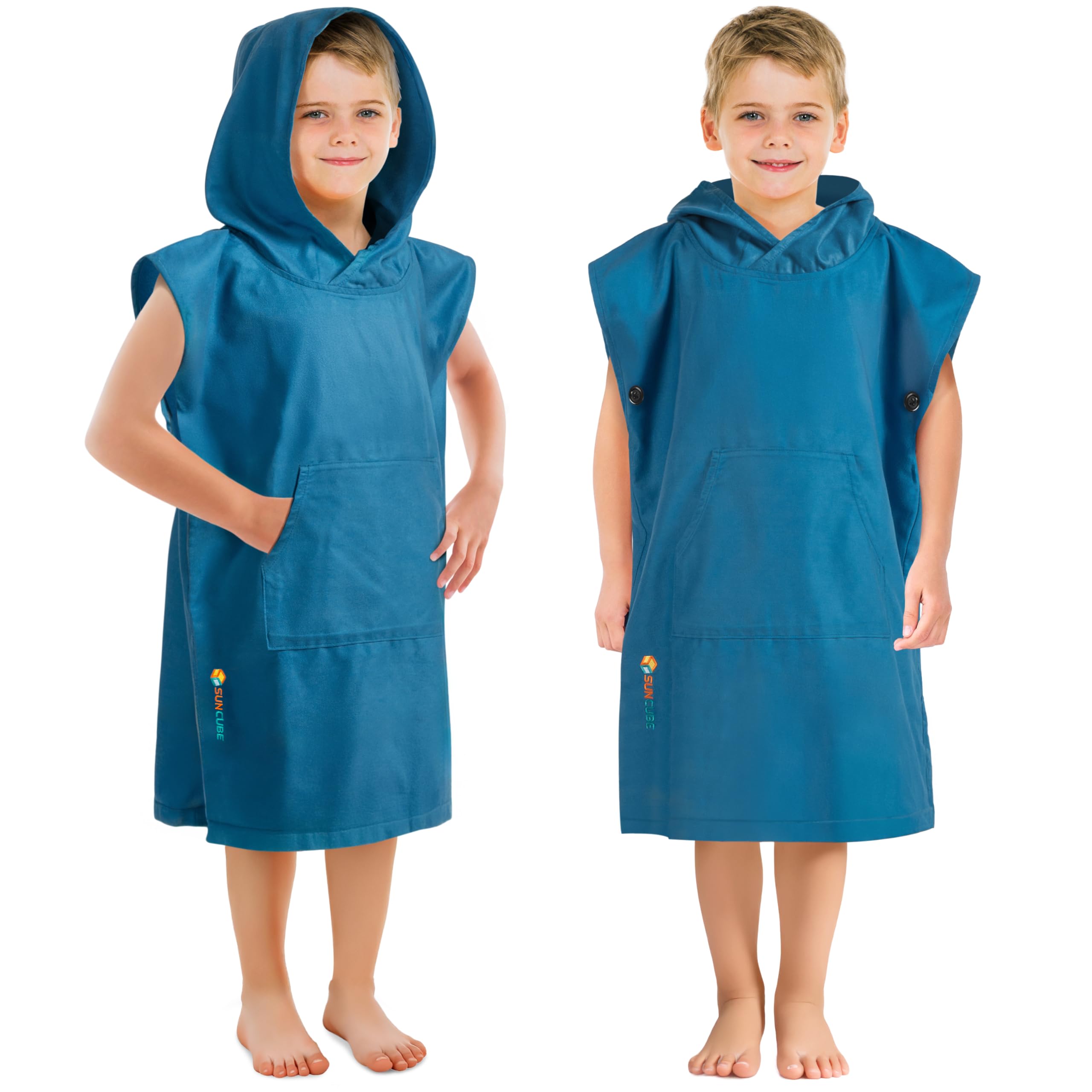 SUN CUBE Kids Towel Changing Swim Robe Surf Poncho, Quick Dry Microfiber Hooded Wearable Blanket for Boys Girls 3-7 Years, Teal Sea Blue