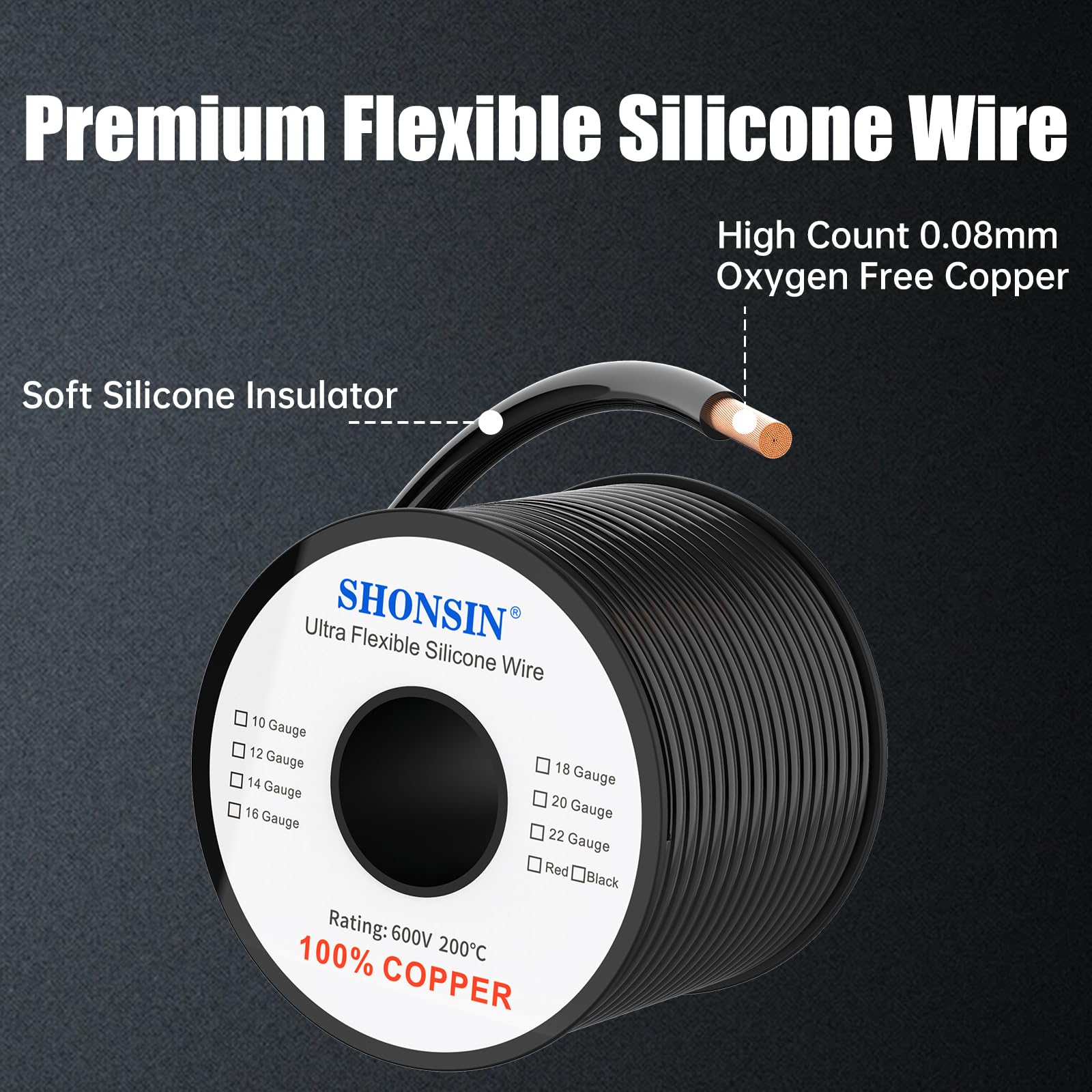 Alambre de calibre 18 100 % cobre y silicona, 100 pies negro + 300 pies rojo, cable eléctrico trenzado flexible de 18 AWG para automoción, batería, UAV, motor, energía solar | nominal 600 V 200 ℃