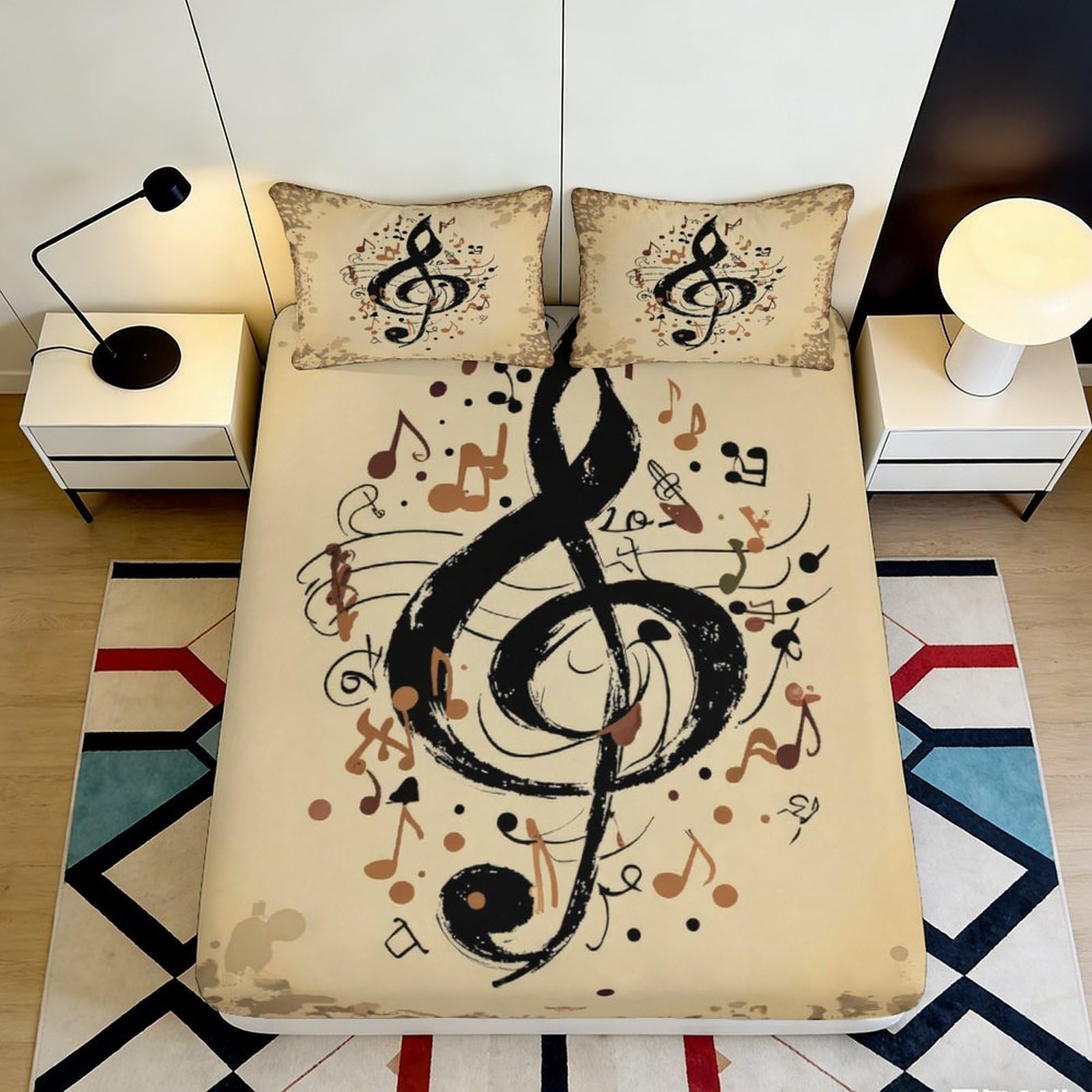 3D Printed Musical Note Fitted Sheet Microfiber Non-slip Artistic Bed Cover for Bedroom Guest Room Decor 90x200x25cm