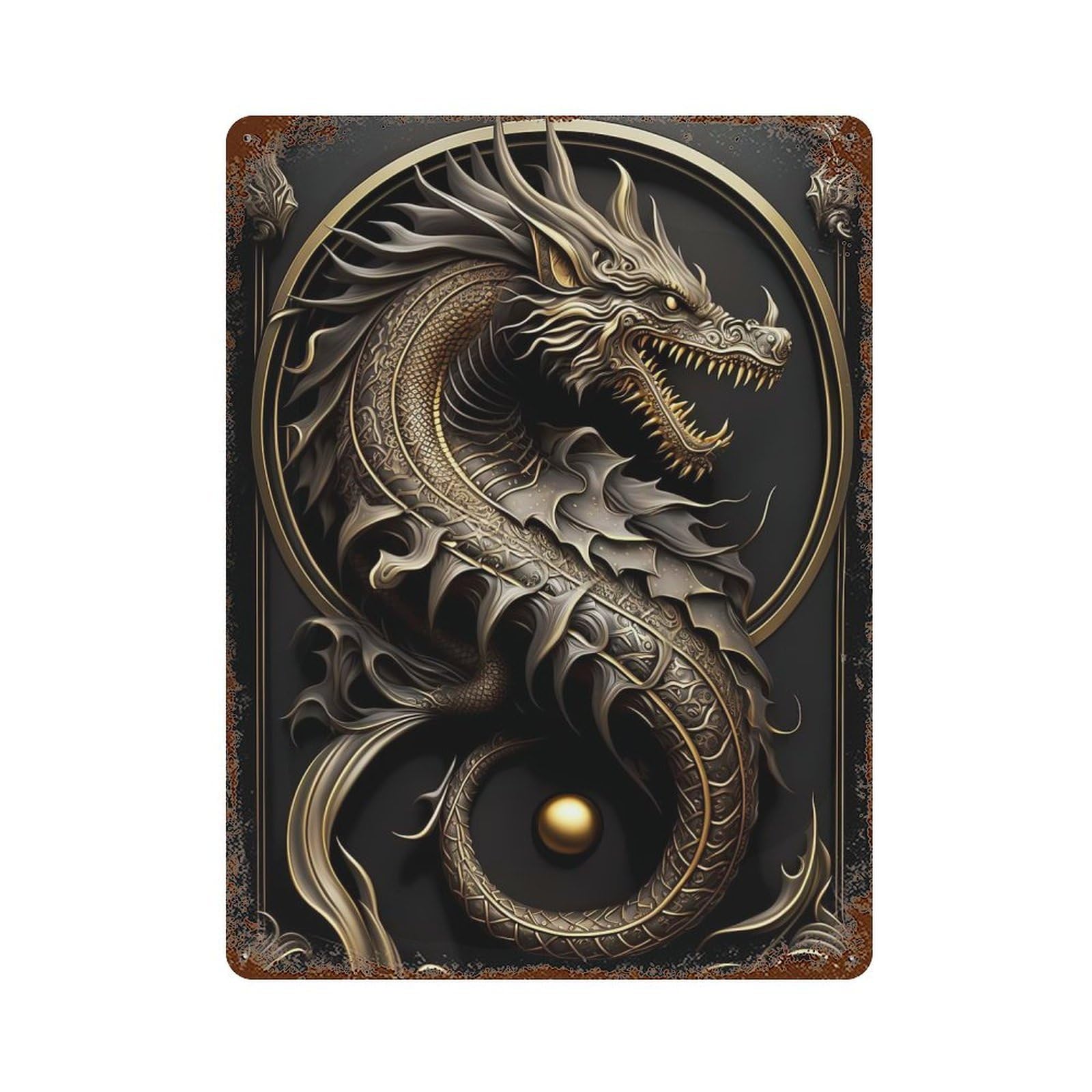 Dragon Protector Art Deco 15.7"x11.8" Decorative Tin Sign, Retro Wall Decor for Bistro, Counter And Cafe Decor