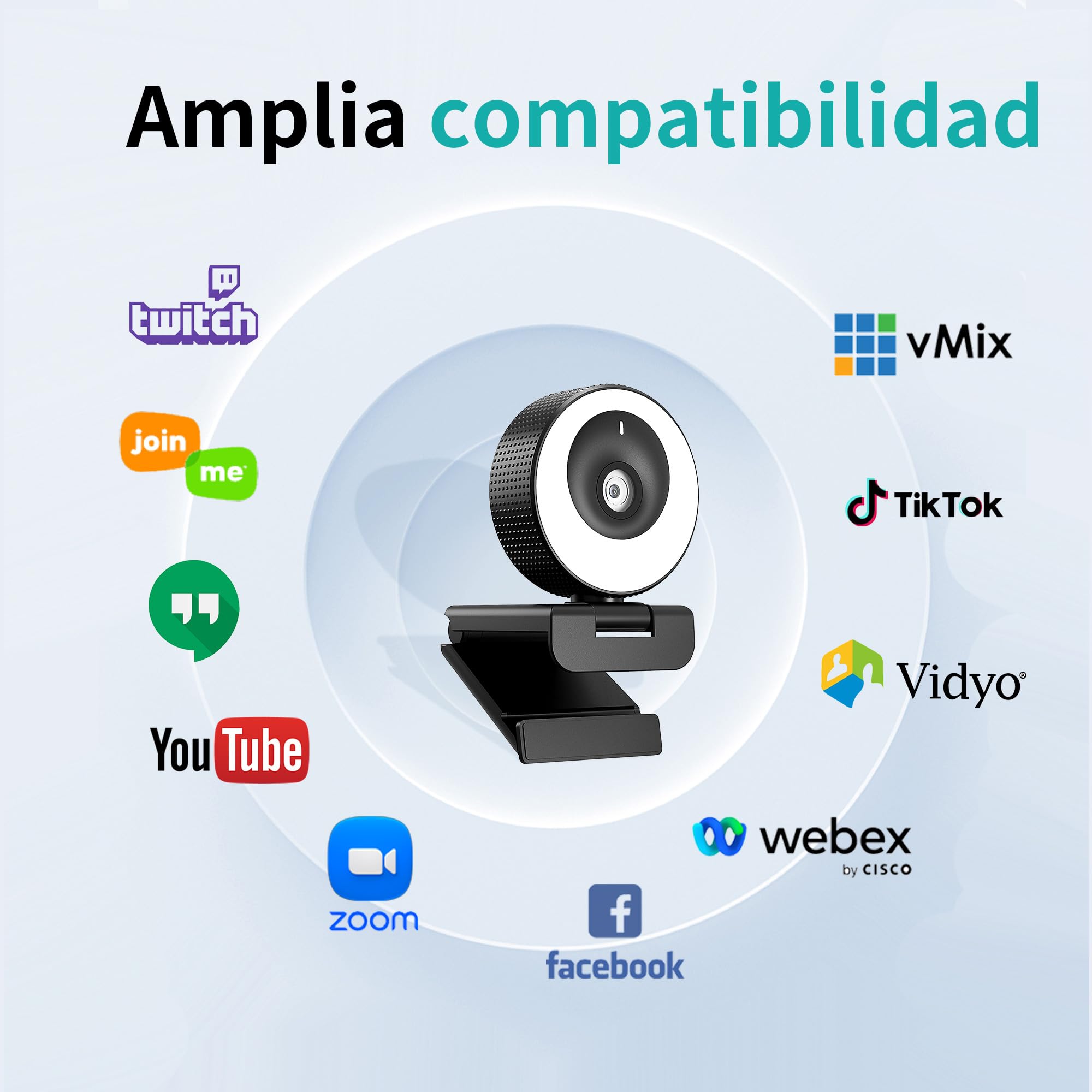 Webcam 1080P 60FPS con Micrófono, Aro de Luz, Enfoque Automático, 3 Modos de iluminación con Regulación Continua de Brillo para Videoconferencias en PC, Mac, Portátil y Tablet
