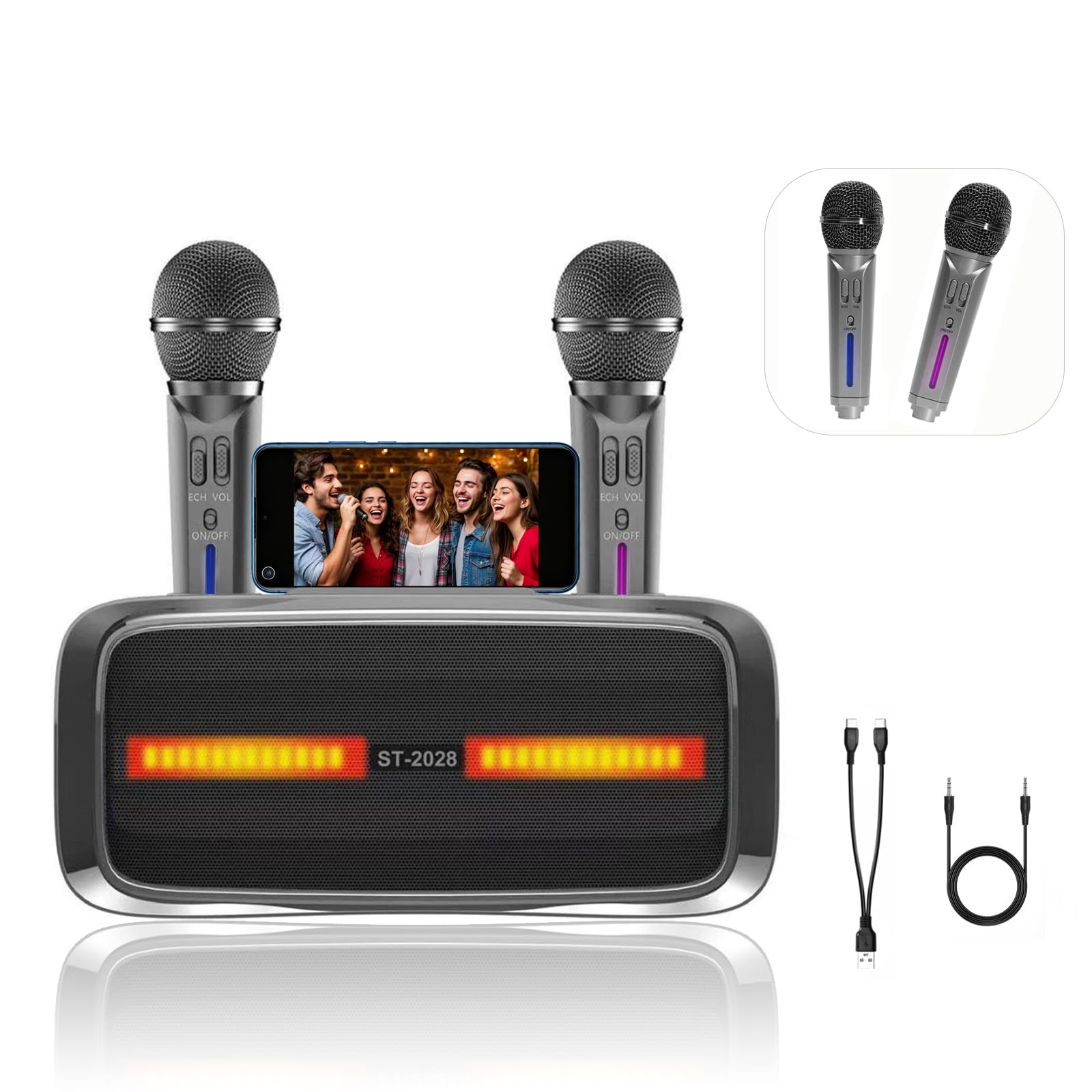 Karaoke Bluetooth con 2 Micrófonos Inalámbricos, Altavoz Portátil para Adultos,Sistema PA de Fiesta con Luces de Discoteca para Party, Cumpleaños, Viajar