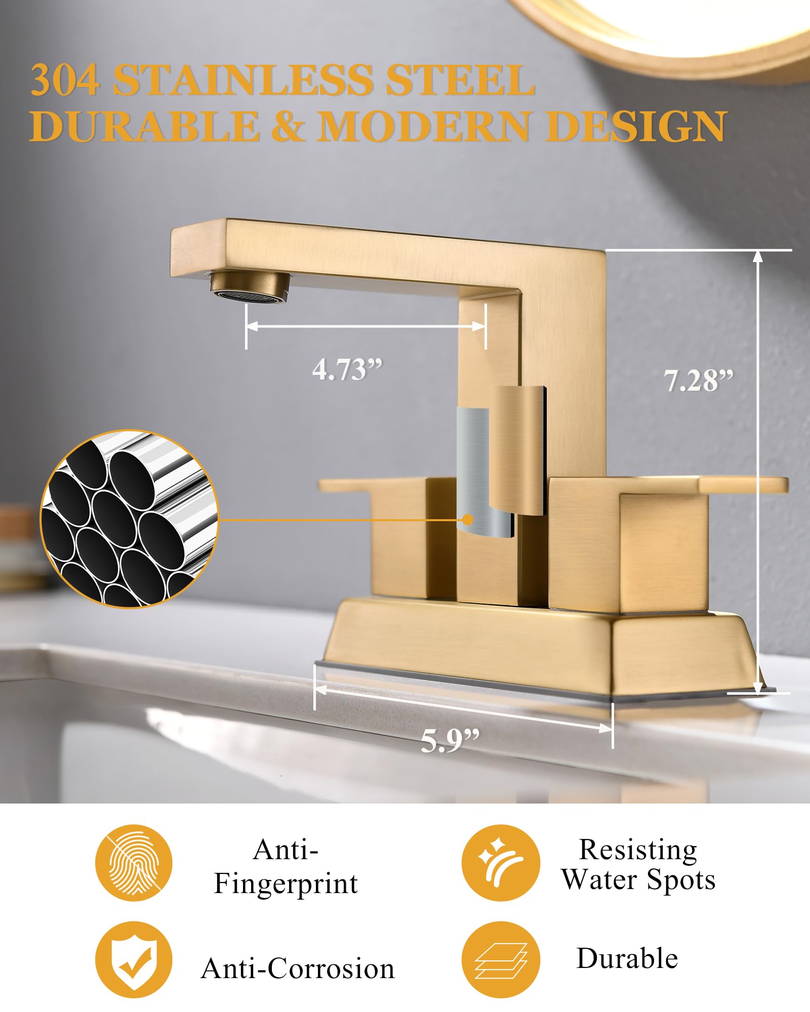 Bathroom Faucets Brushed Gold, Tohlar Bathroom Sink Faucet 2 Handles, 4 Inch Centerset Bathroom Faucets for Sink 2 or 3 Holes, Faucet for Bathroom RV Sink with Pop Up Drain and 2 Lead-Free Hoses