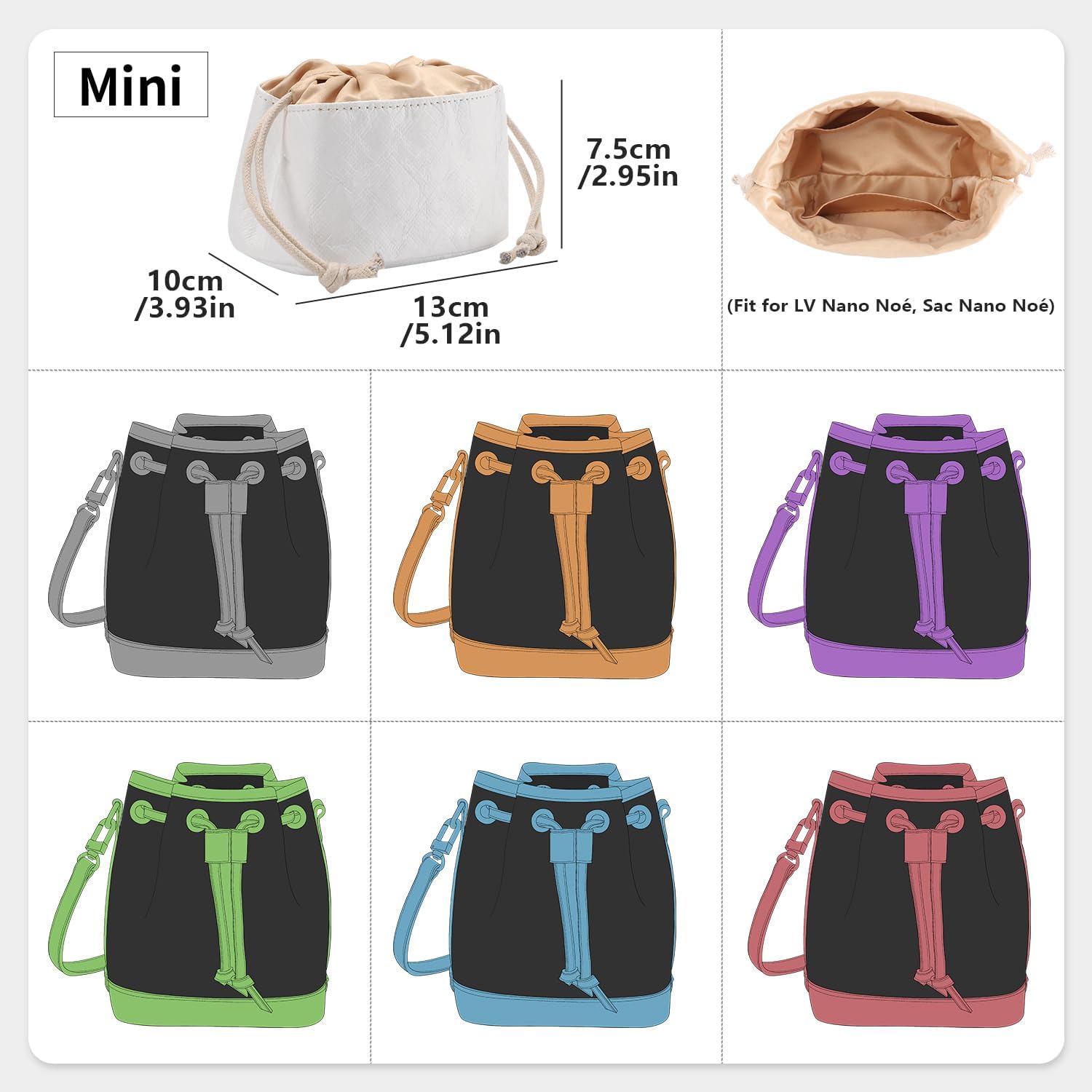Tote Bag Organizer Insert Compatible with LV Nano Noé & Sac Nano Noé Handbag, Dupont Paper Inner Purse Organizer Insert Makeup Liner Bag Shaper (White, Mini)