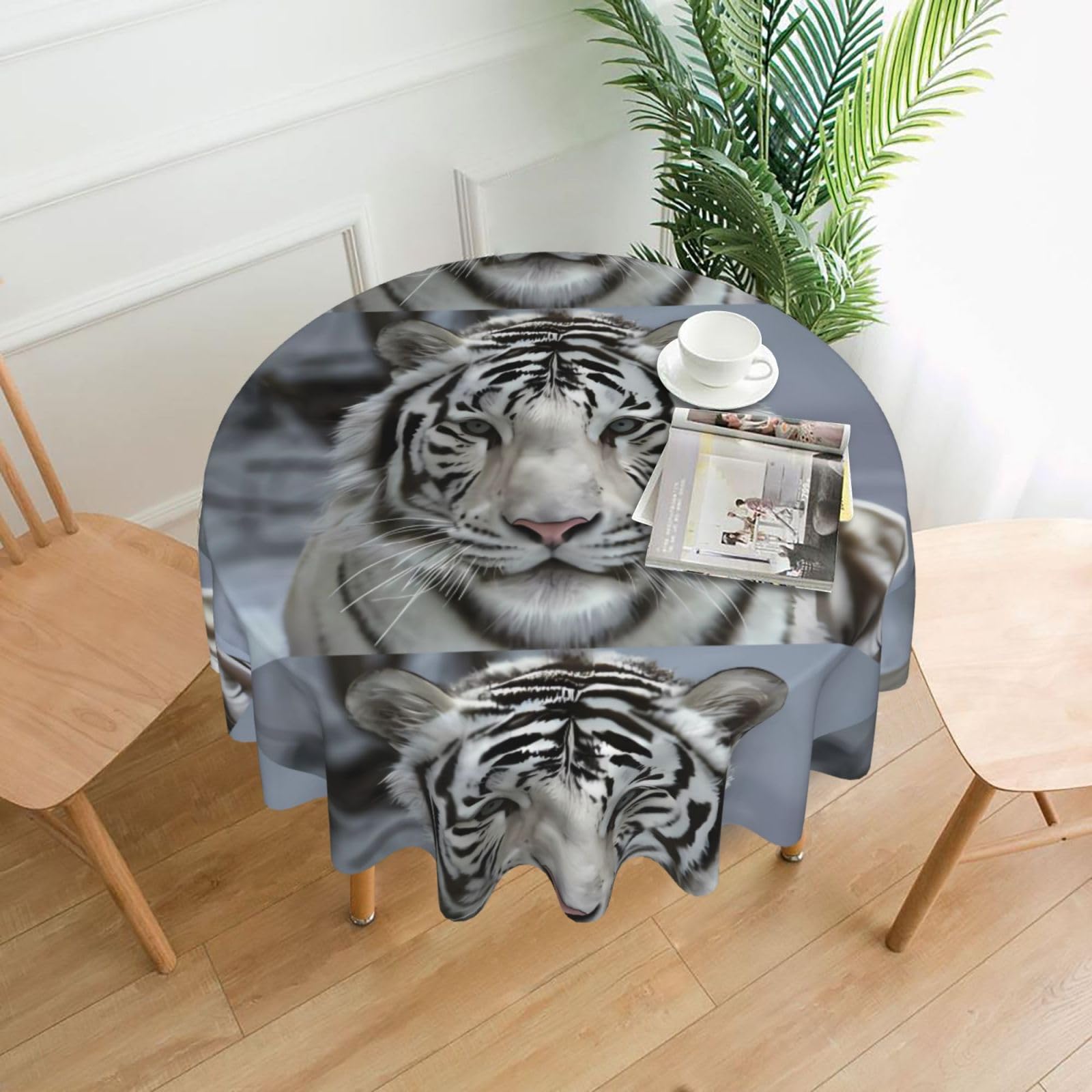 YYHHAOFA White Tiger Prints 60in Round Decorative Tablecloth – High-Grade Polyester Throw Cover for Dining, Parties, and Outdoor Events