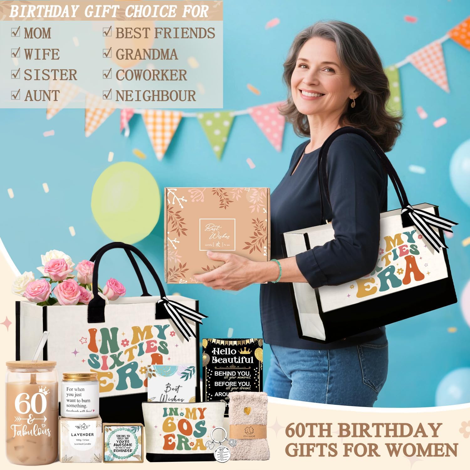60th Birthday Gifts for Her Women, Gifts for 60 Year Old Woman, Unique 60th Birthday Ideas with Canvas Tote Bag Glass Cup Candle Gift Basket, Presents for Mom Sister Friend Wife Grandma Coworkers - Image 7