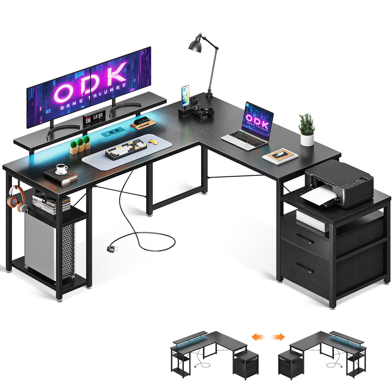 ODK Escritorio con Soporte para Monitor y LED, Escritorio Esquinero con Cajones Pequeños y Grandes para Archivadores, Mesa Escritorio Negra con Puerto USB y Enchufe, 165×148 cm para Oficina en Casa