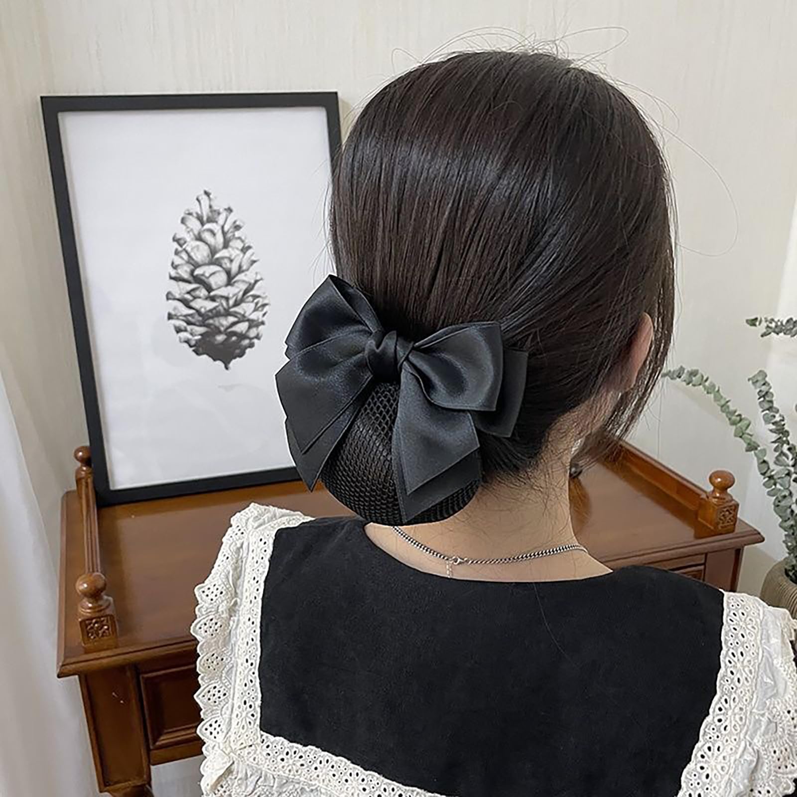 2 Pcs Hair Clips Bun Bowknot Hair Nets with Bow, Elastic Hair Net for Nurses Banking Worker and Hostess, black, blue - Image 4