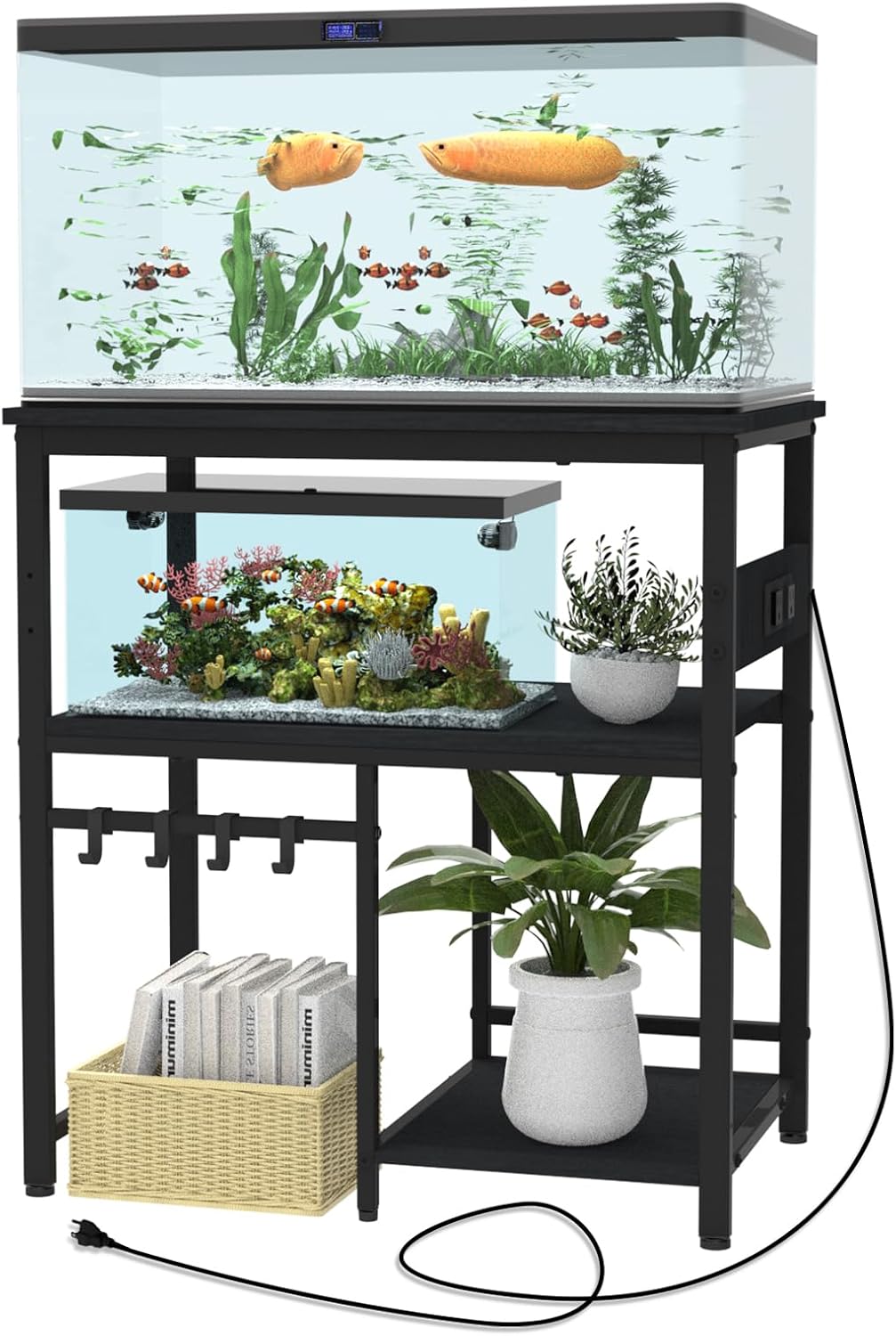 20-29-37 Gallon Fish Tank Stand, TFK 3-Tier Aquarium Stand with Power Outlet Reptile Tank Stand Heavy Duty Terrarium Stand for Home Office, Black Black 20-37 Gallon