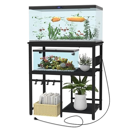 TFK 20-29-37 Gallon Fish Tank Stand, 3-Tier Aquarium Stand with Power Outlet Reptile Tank Stand Heavy Duty Terrarium Stand for Home Office, Black