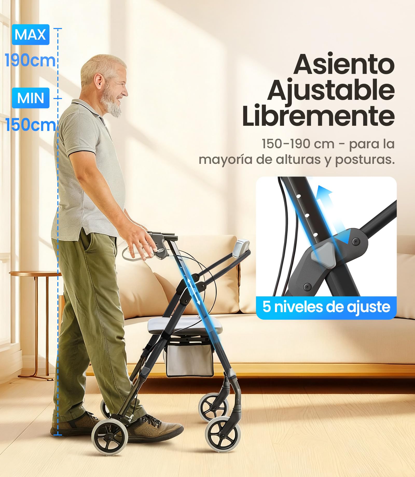 VOCIC Z11 Andador para ancianos, máx 172 kg, andador estrecho para apartamento, andador con ruedas & asiento,andador adultos & plegable,Asiento y respaldo ergonómicos, Asa de altura ajustable,Ébano