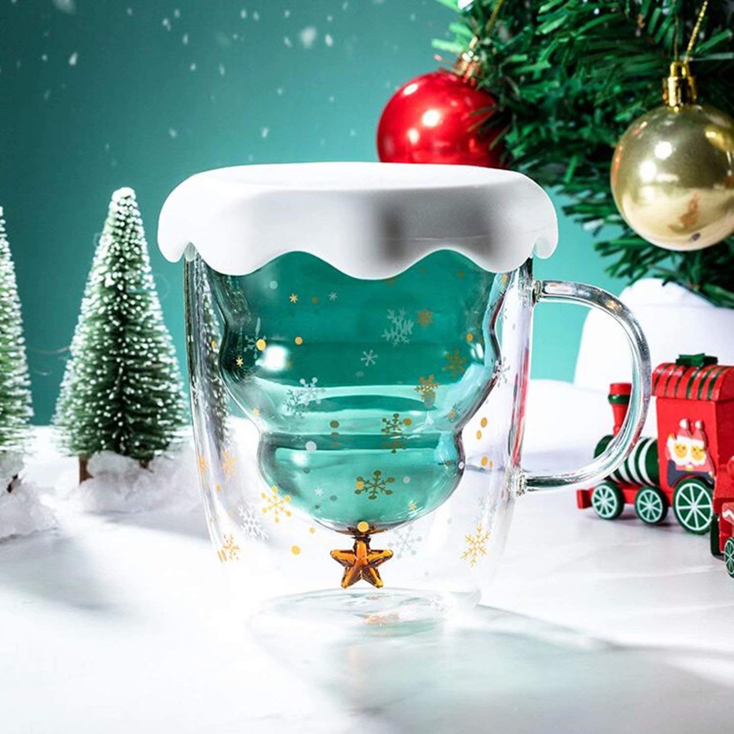 Christmas Tree Coffee Mug - 10oz Double Wall Insulated Glass Cup With Lid, Cute Holiday Gift - View #9