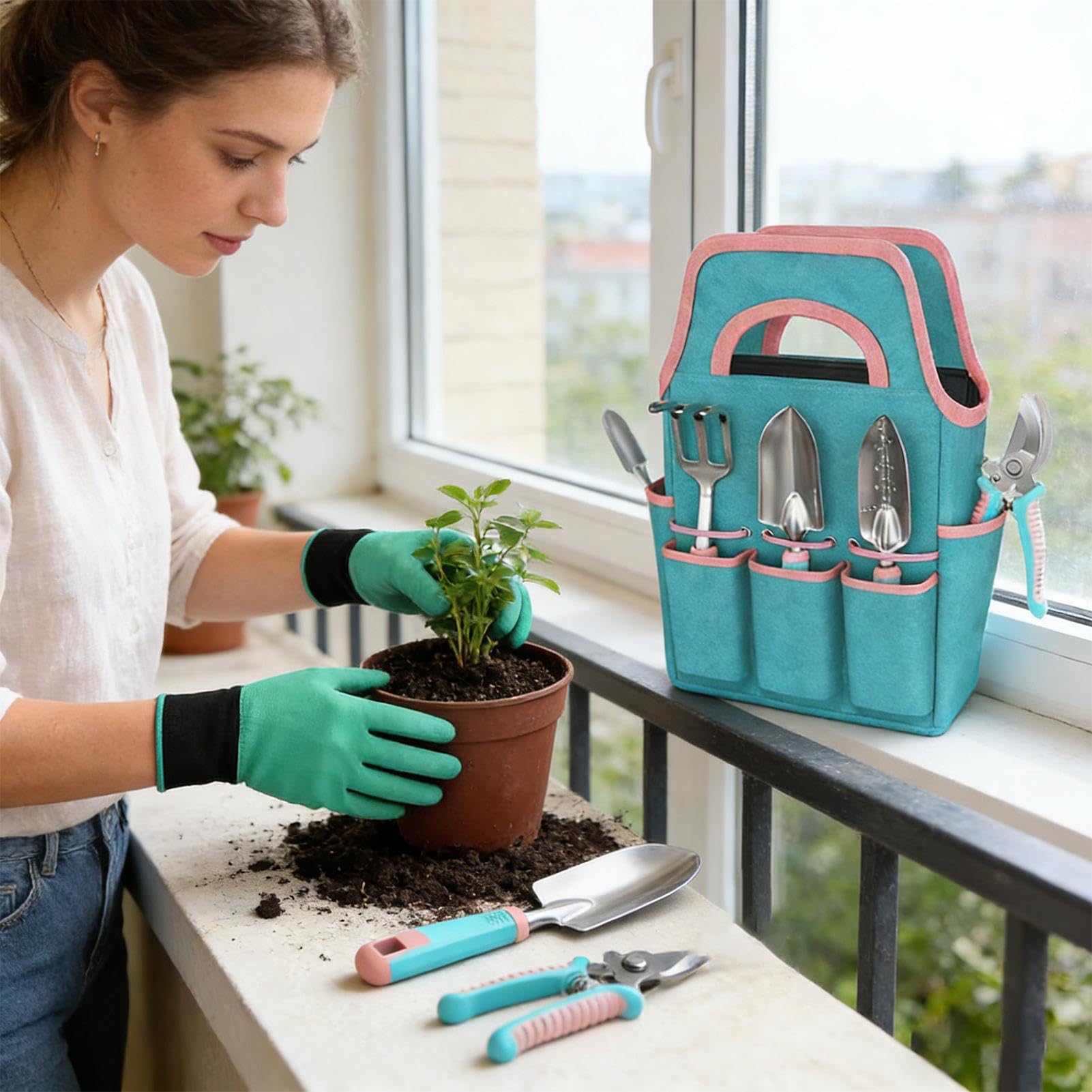 Kit de Jardinería Guantes de Plantar, Palita de Jardín, Rastrillo y Tijeras | Juego de Herramientas Manuales con Bolsa de Transporte para Jardín Terraza Balcón Césped Exterior e Interior