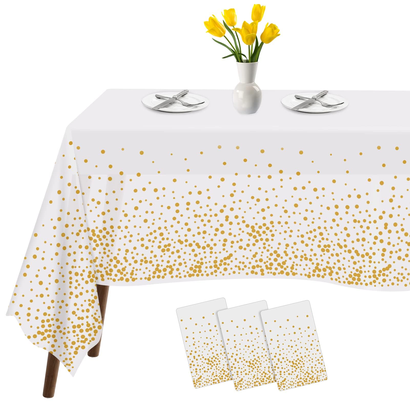 Tablecloths for Rectangle Tables,3 Pack 54" X 108" Plastic Table Cloth Disposable Table Covers Engagement Party Decorations, White Gold Dot Tablecloths Disposable Tablecloth for Weddings Buffet Tables