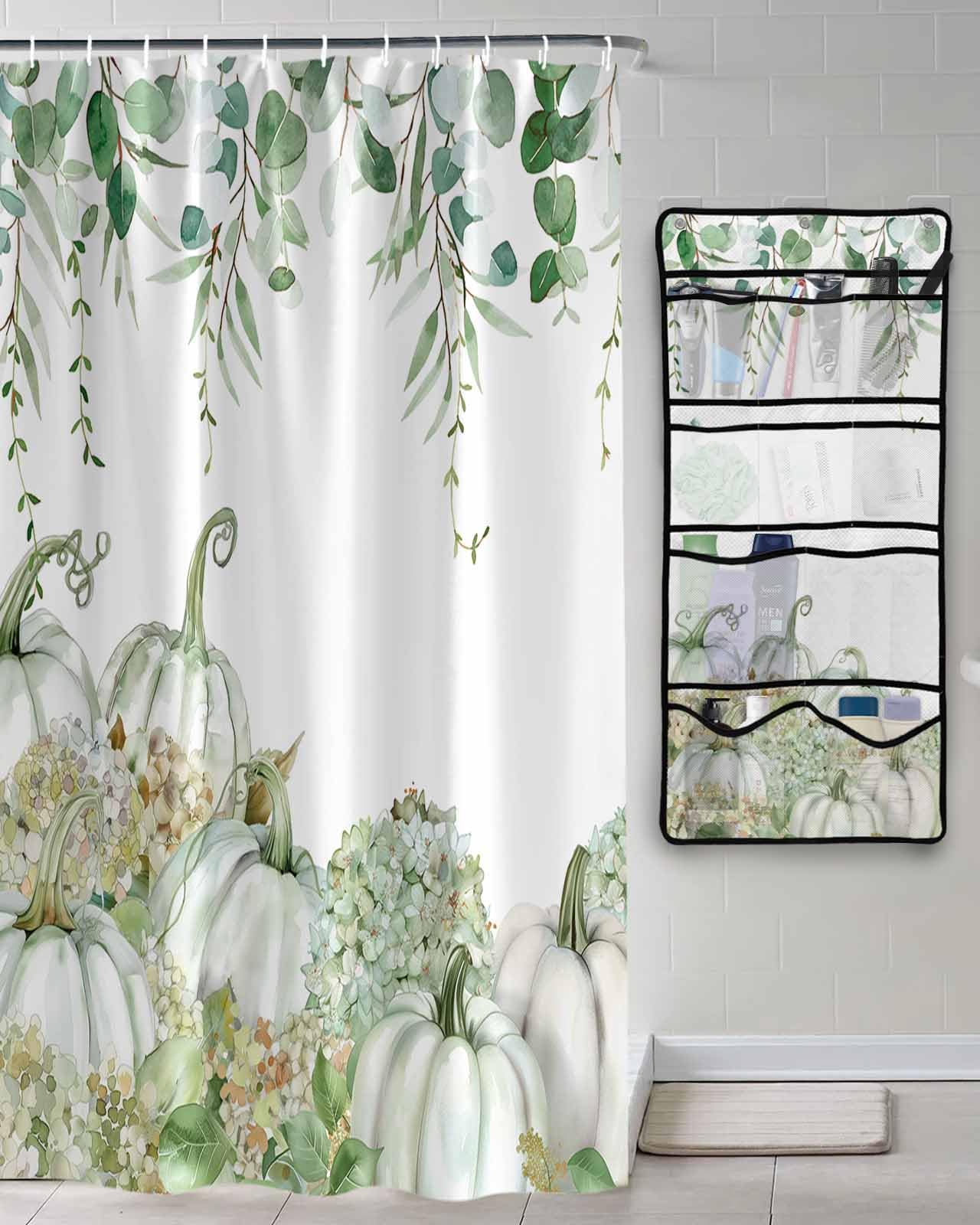 Decorative Shower Curtain Sets Fall Thanksgiving Fabric Waterproof Shower Curtains Autumn Pumpkin Eucalyptus Leaves Sage Green Mesh Shower