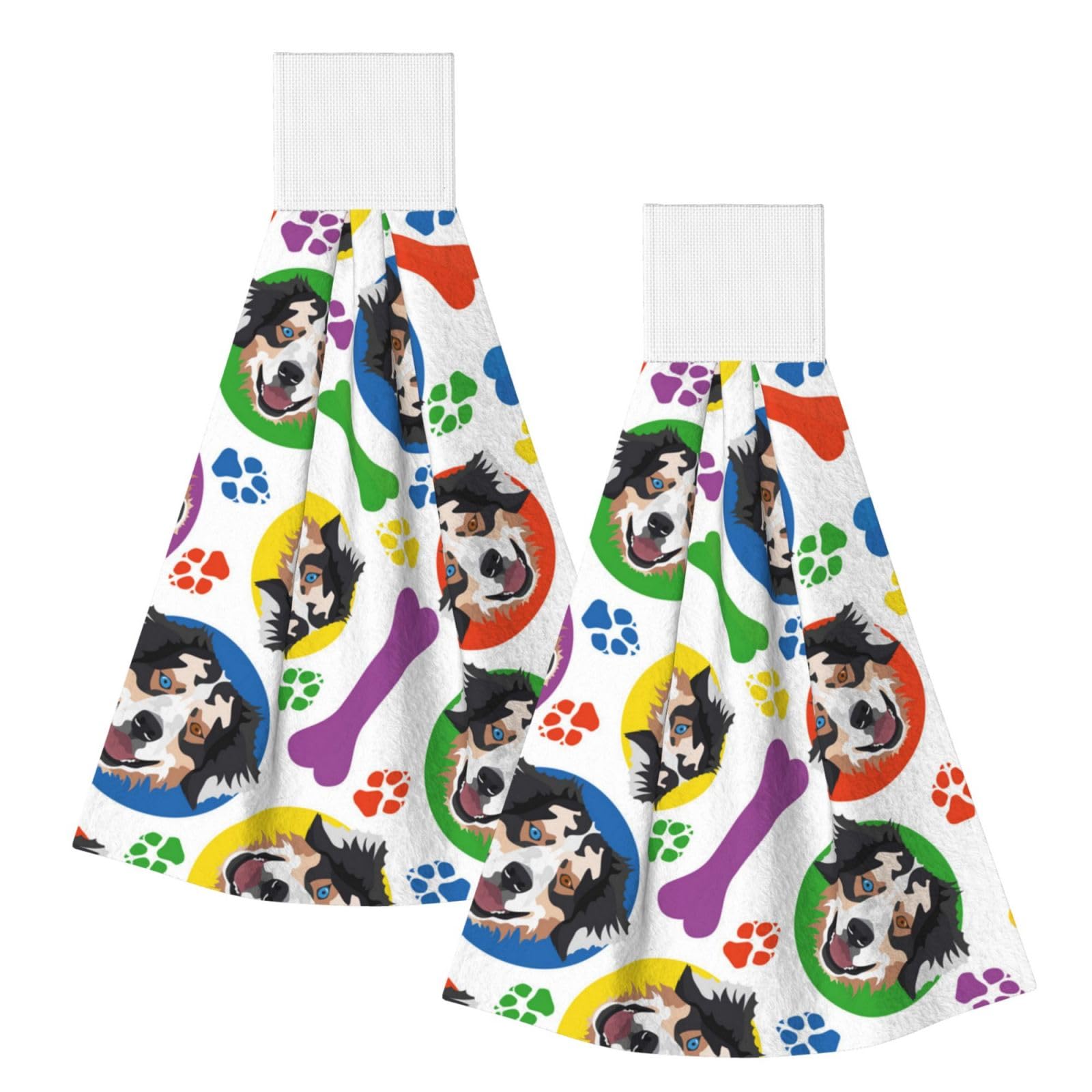 DOPKLNA Colorful And Playful Australian Shepherd, 2 Pcs Hanging Coral Fiber Hand Towels for Bathroom, Absorbent Kitchen Towels