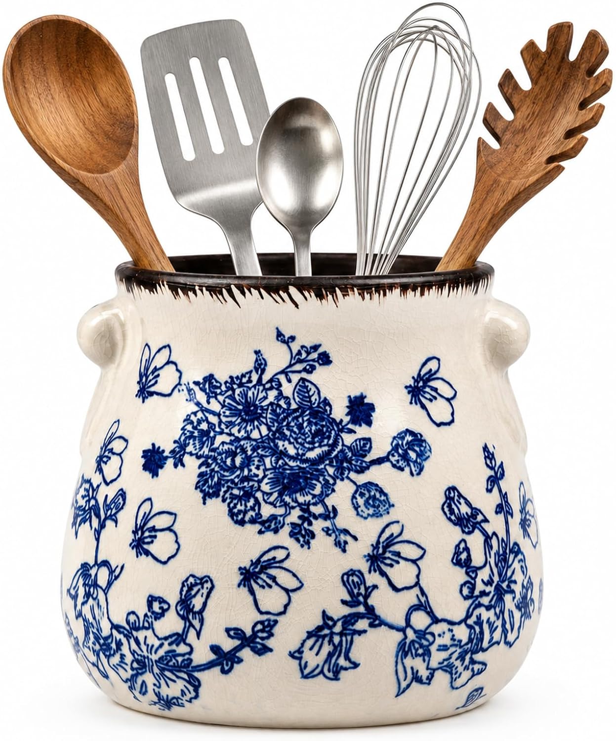 Ceramic Utensil Holder, 6.7 Inch Utensil Holder for Kitchen Counter, Vintage Farmhouse Rustic Cooking Utensil Holder, Countertop Utensil Organizer Crock for Kitchen Tools & Spoons