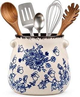 Ceramic Utensil Holder, 6.7 Inch Utensil Holder for Kitchen Counter, Vintage Farmhouse Rustic Cooking Utensil Holder, Countertop Utensil Organizer Crock for Kitchen Tools & Spoons