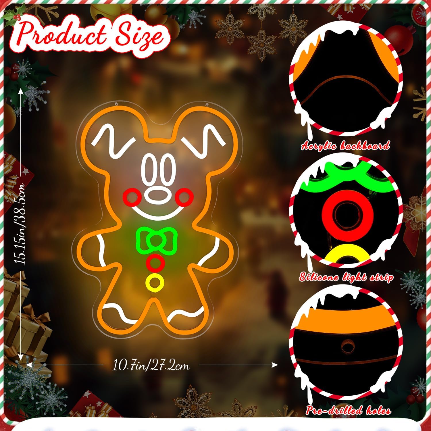 Gingerbread Neon Sign Christmas Led Signs for Bedroom Wall Dimmable Gingerbread Neon Light for Bedroom Party Home Christmas Wall Hanging Decor Gift for Children Kids - Image 2