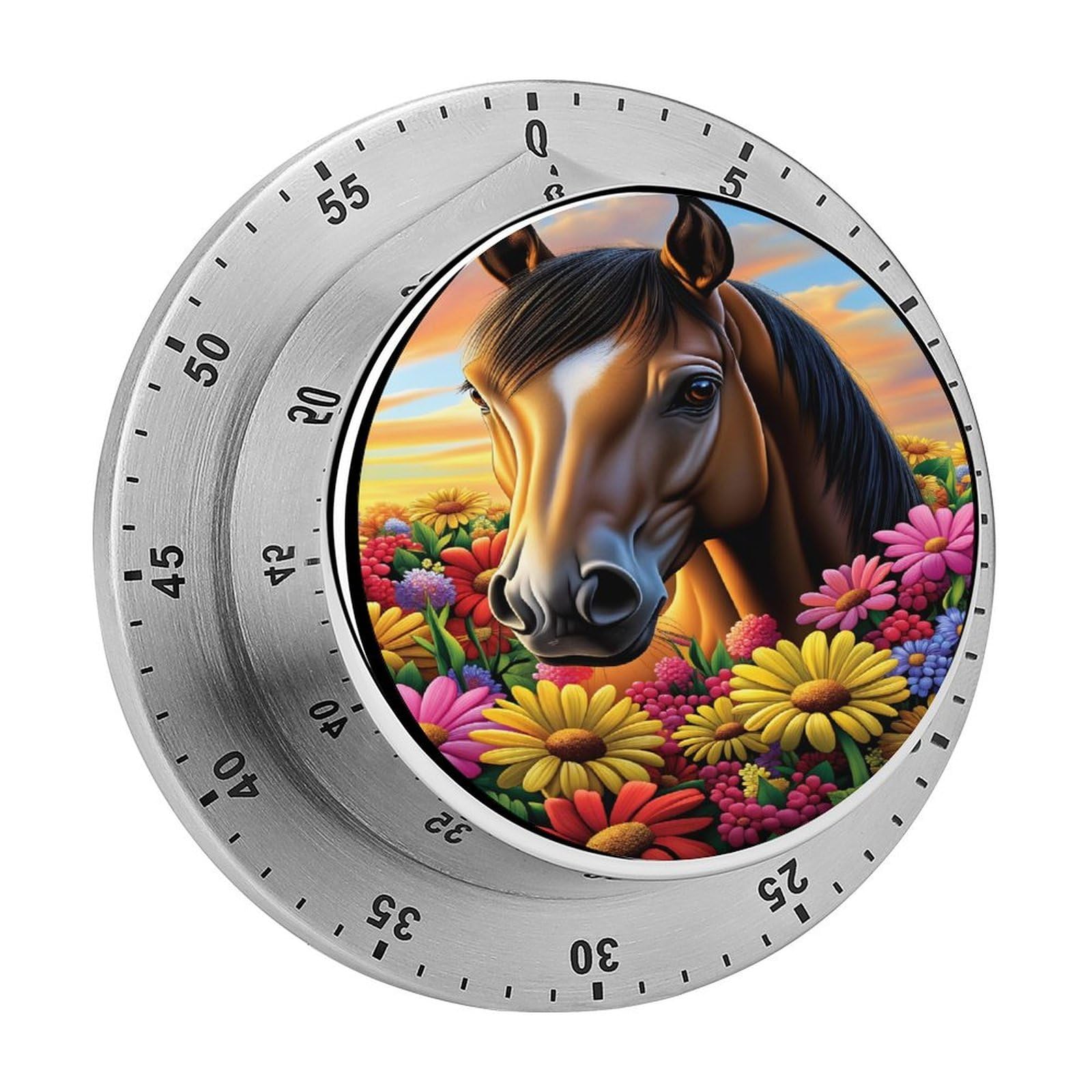 Horse Floral Sunset Wildlife 60 Minute Wind Up Timer,Visual Mechanical Magnetic Timer with Loud Alarm for Kitchen