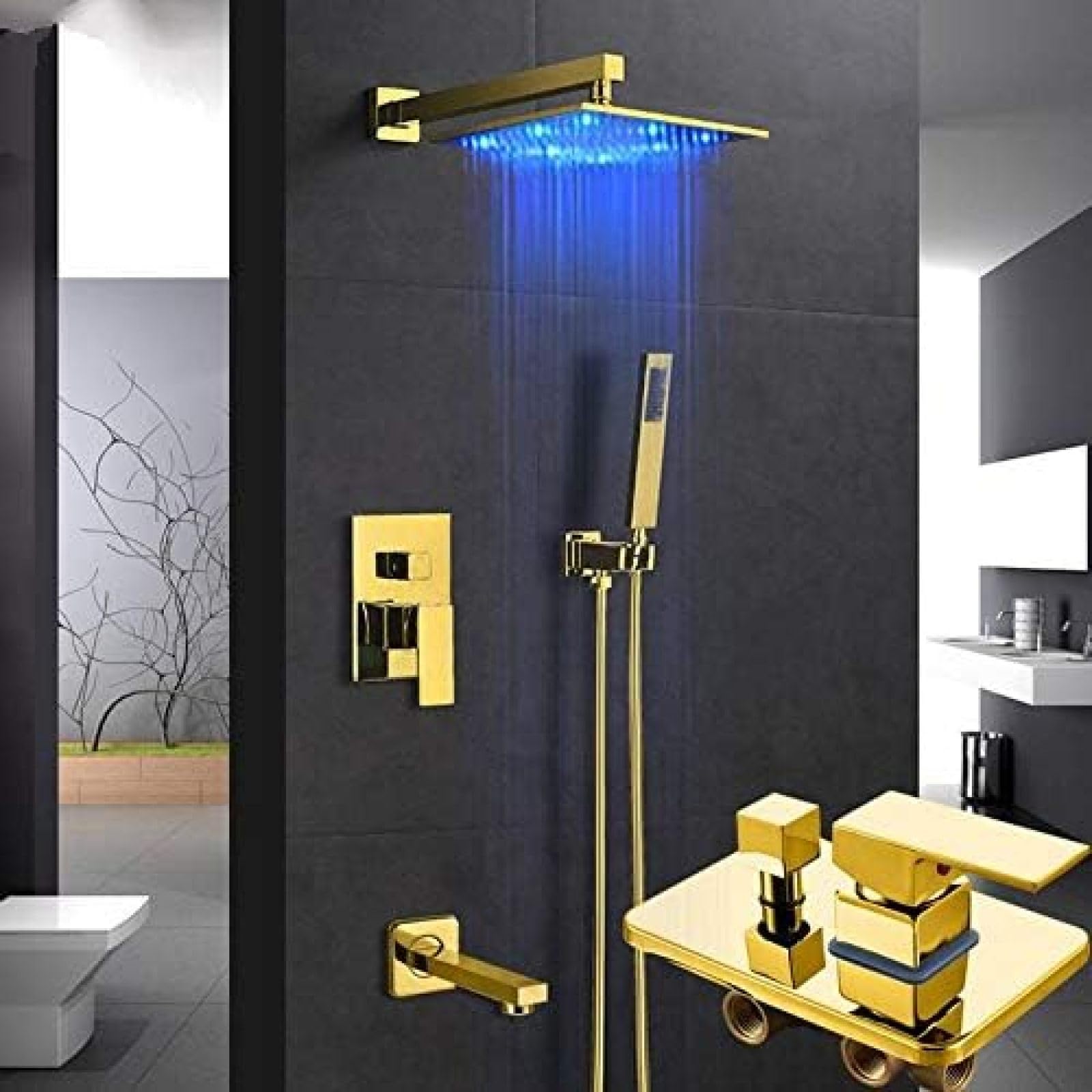 Aycdl Gold Shower System, Led Shower Faucets 12 Inch Led Rainfall Shower Head 3-Way Mixer Tap Tub Spout Faucet Bathroom Shower Faucet Set