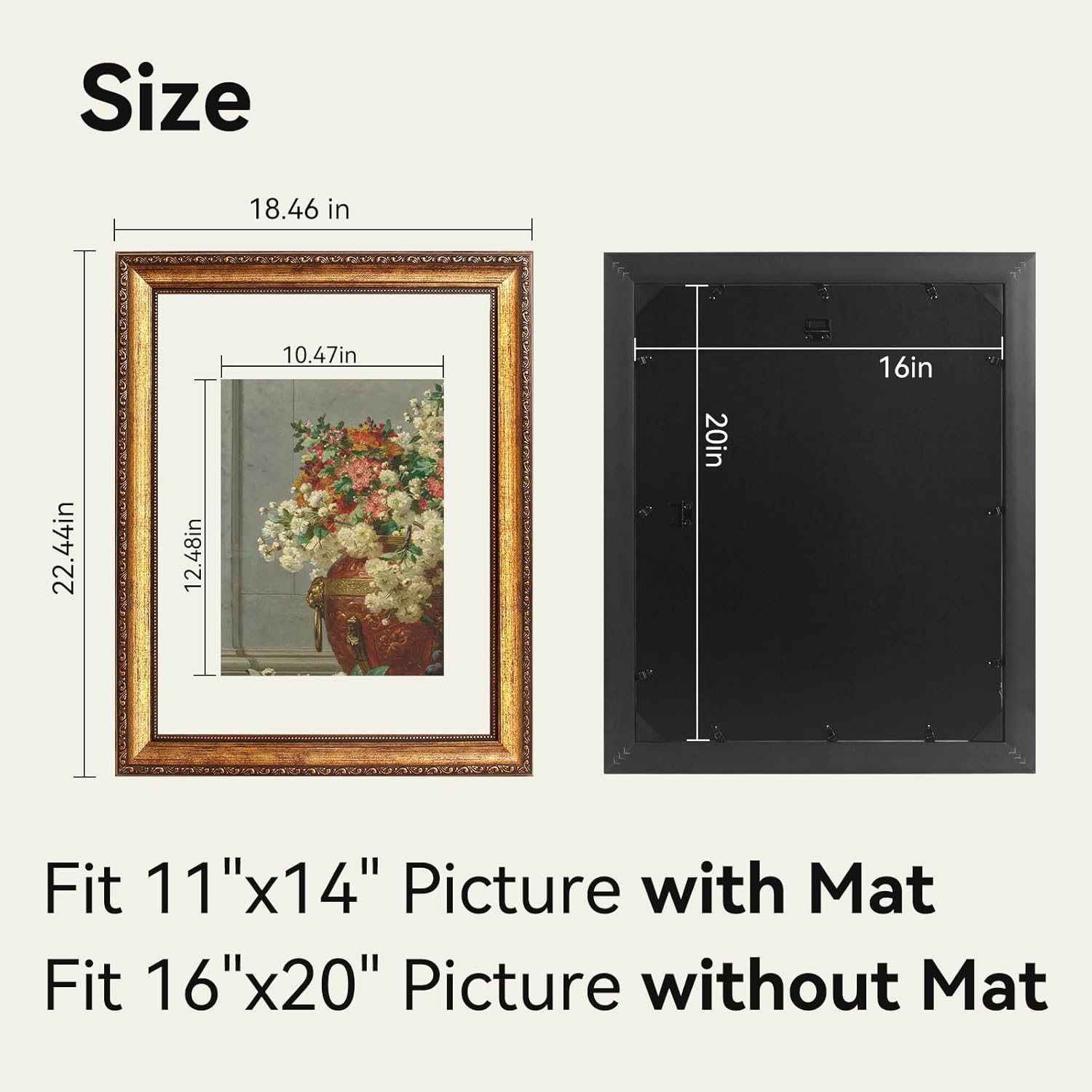 16x20 Vintage Gold Picture Frame, Ornate Victorian Frames for Wall with Real Glass, Display Art 11x14 with Mat or 16x20 without Mat for Gallery Wall - Image 4