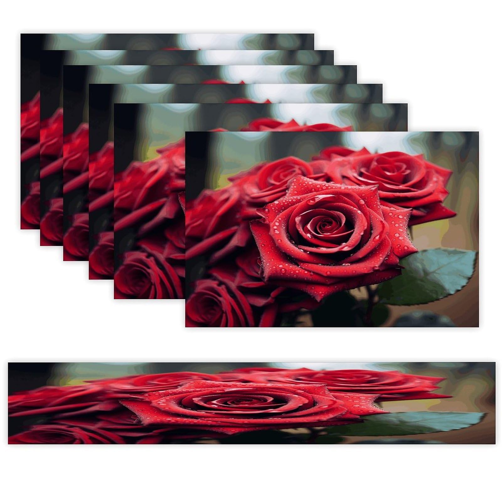 Beautiful Red Rose Table Runner and Placemats Set of 6 for Kitchen Washable Table Mats Heat Resistant Place Mats Non-Slip Place Mat Wipeable Placemat(6 Placemats+1 Table Runner)