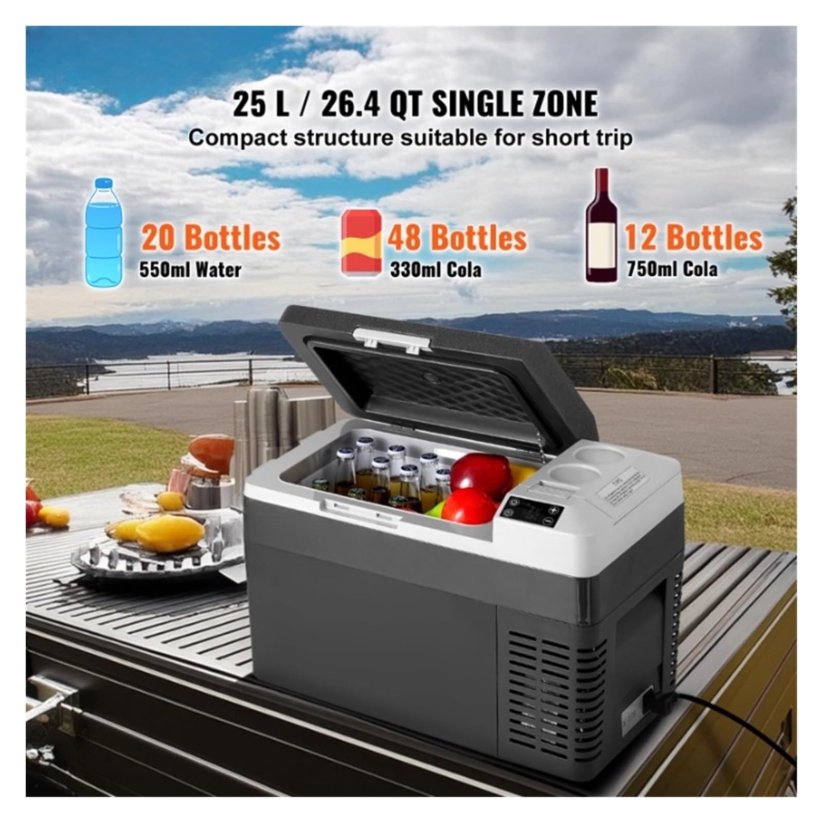 Refrigerador for Auto de 25L con reposabrazos, congelador de una Sola Zona, Rango Ajustable de -20 °C a 20 °C, 12/24 V CC y Enfriador de Hielo.