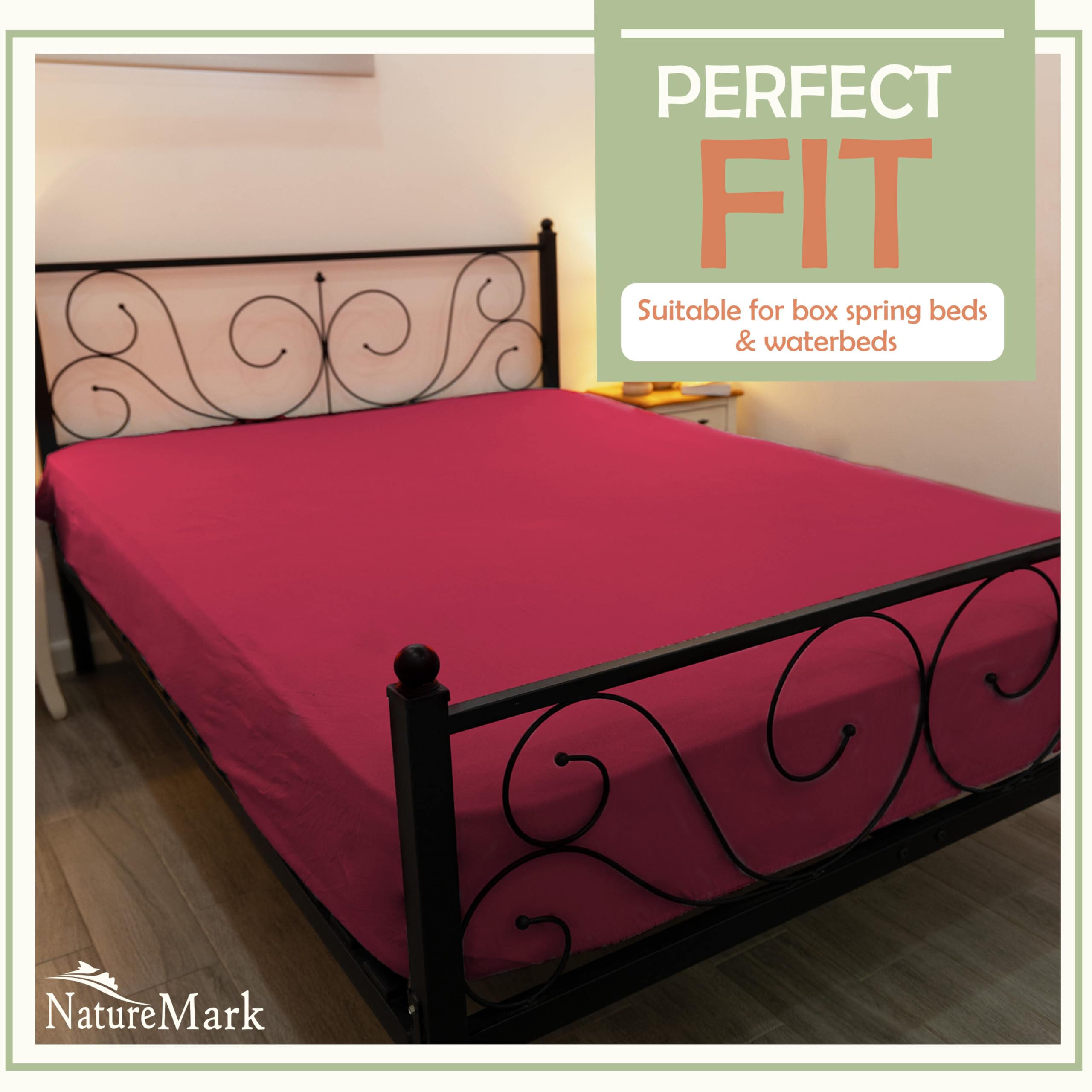 NatureMark Microfiber Fitted Sheet - Soft, Breathable & Comfortable - With Elastic Band - 140 x 200 cm - Burgundy Red - Image 2