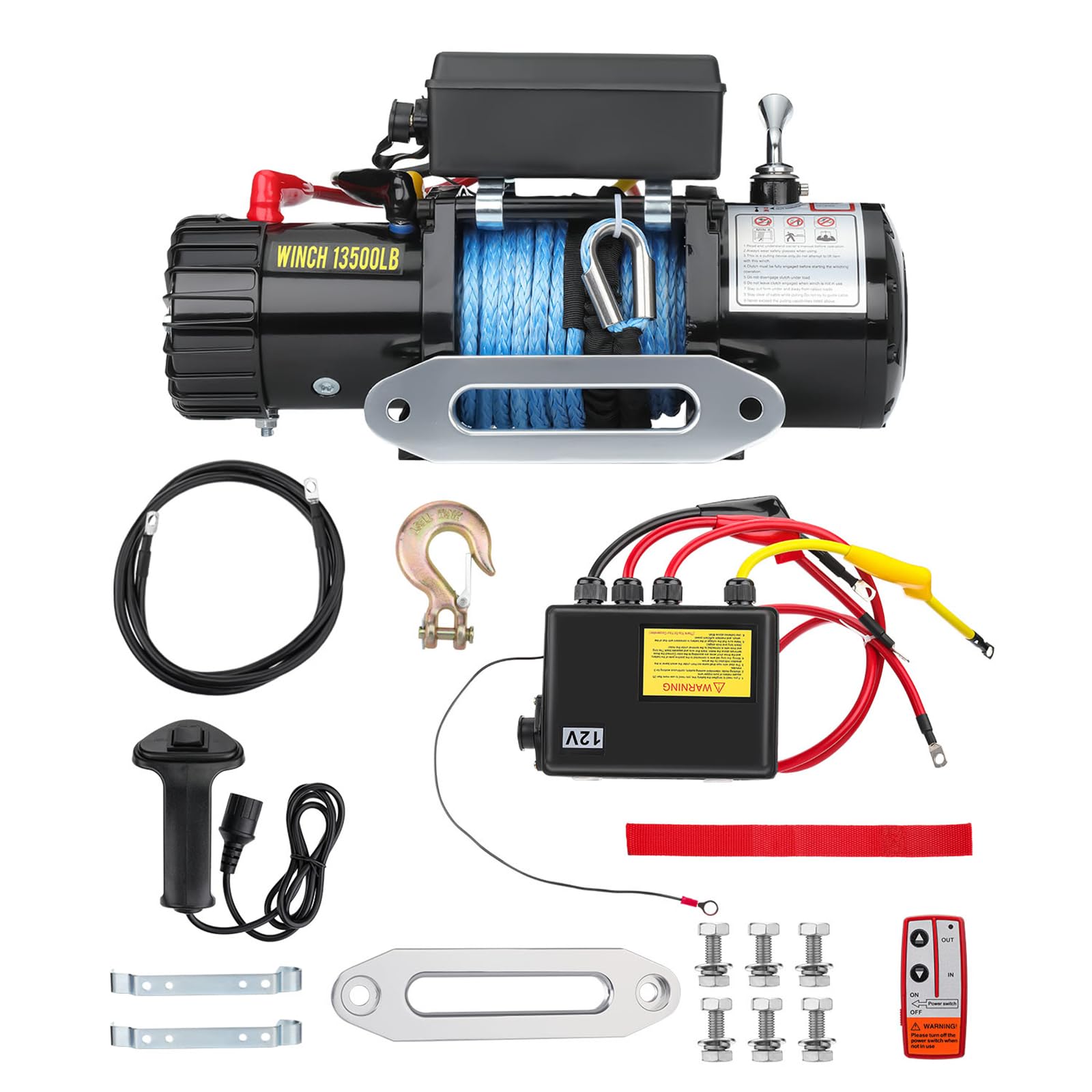 Elektrische Seilwinde 12V 6123 kg/13500lbs, Motorwinde 12V mit Dyneema-Seil, Funk & Kabel Fernbedienung, Wasserdichtem Steuergerät, Inkl. Seilfenster, IP67 für ATV, UTV, SUV, Boot, Anhänger