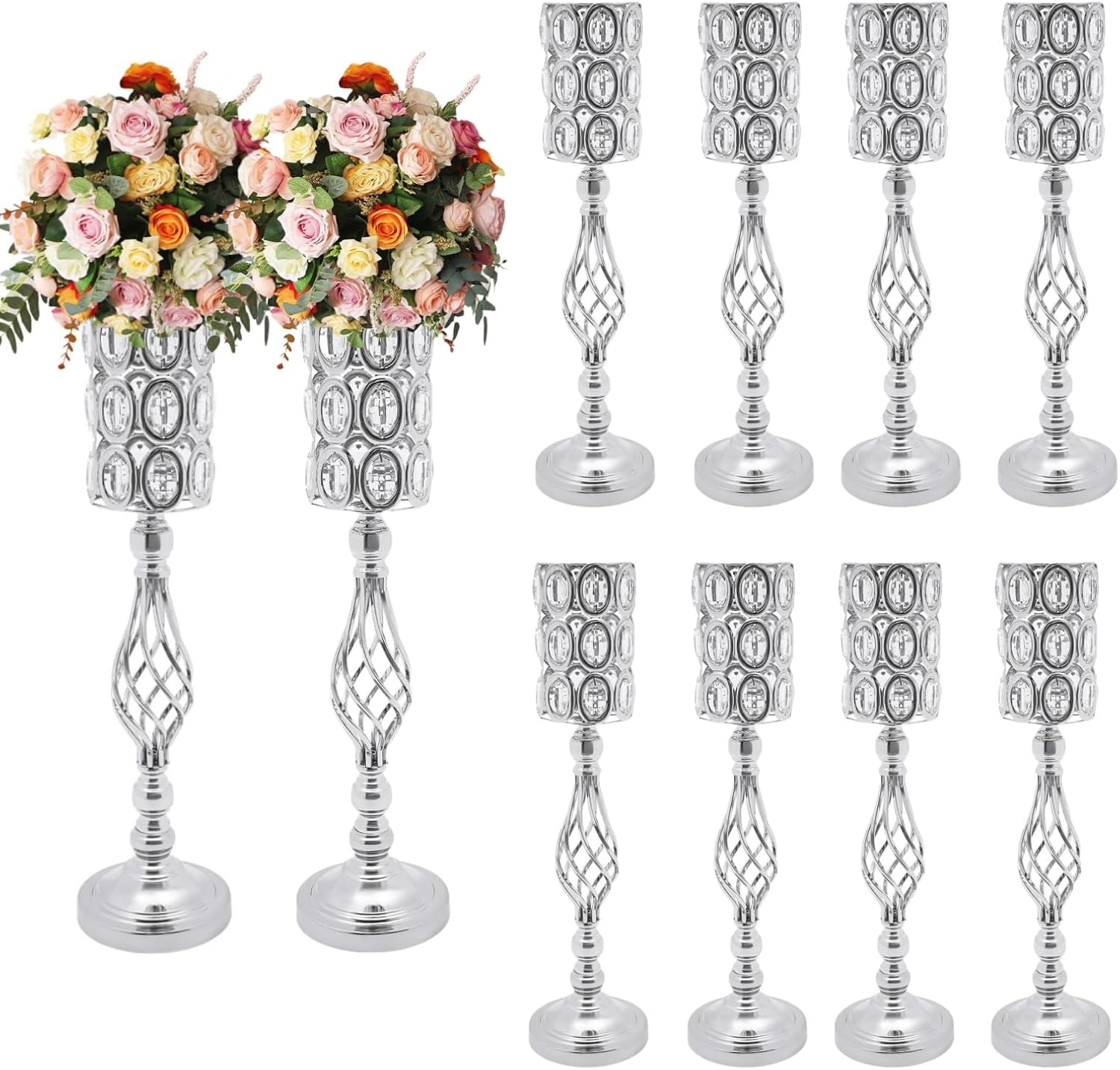 10Pcs Flower Vases for Centerpieces Crystal Metal Flower Vase Wedding Centerpieces for Tables Decorations (24 Inches) (Silver)