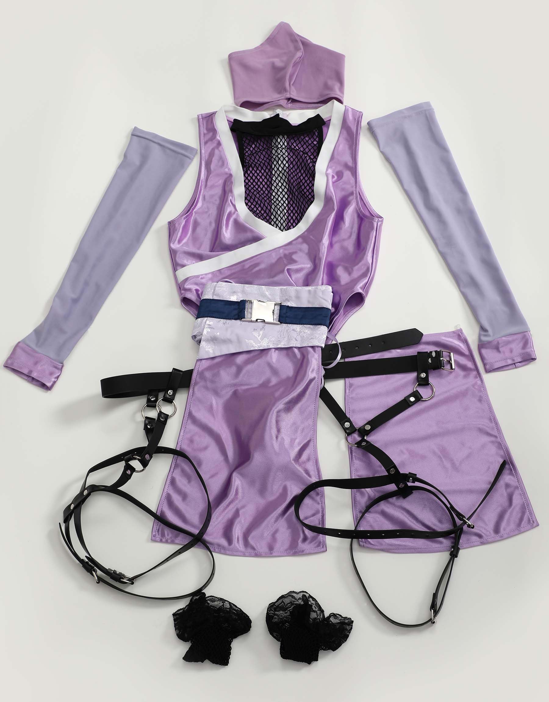 Mobbunny Womens Anime Cosplay Costume Purple High Slit Bodysuit Fishnet Mesh Bodysuit with Mask and Thigh Socks: Medium Purple