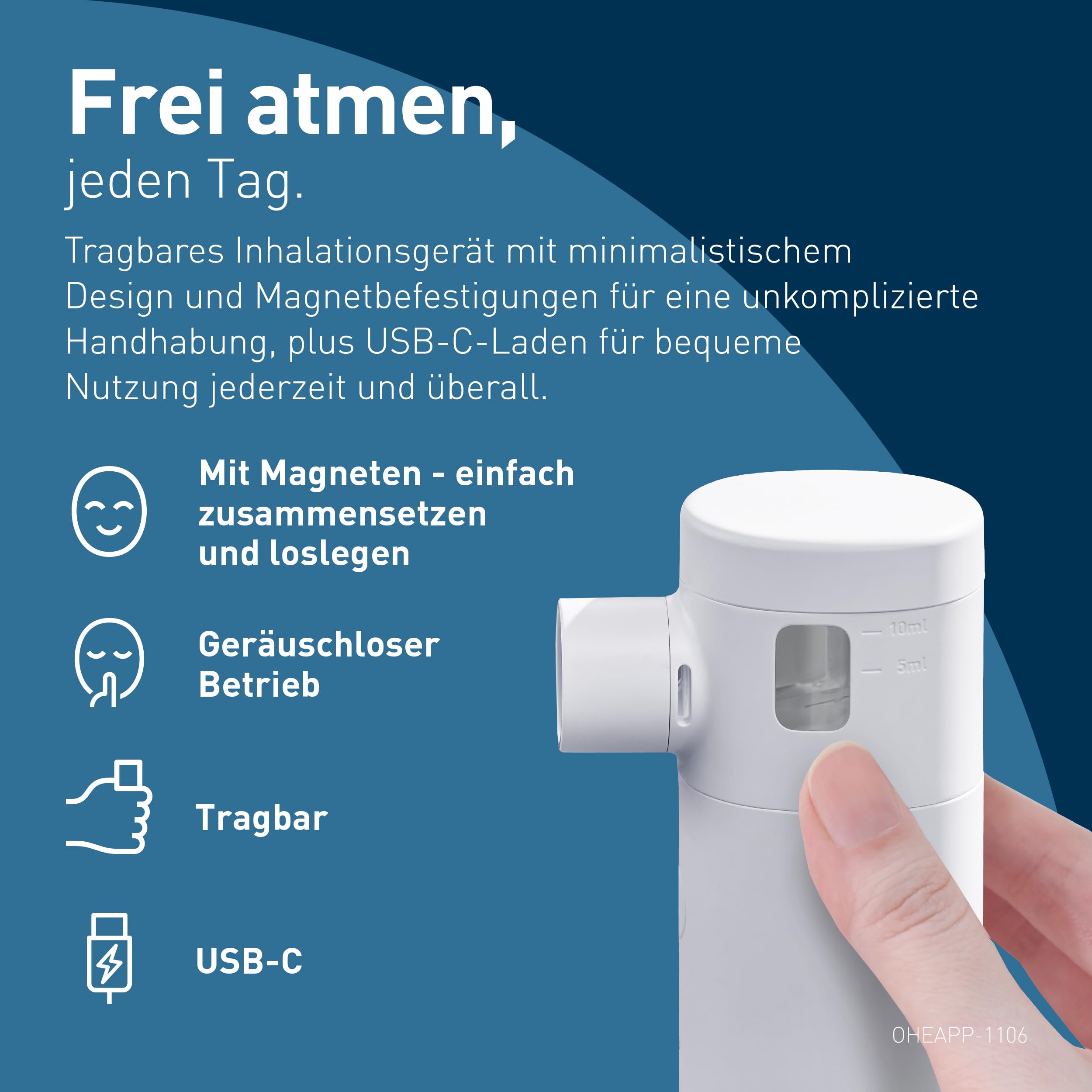 Leiser Inhalator mit 2 Maskengrößen & Mundstück, Husten & Erkältung, USB-C aufladbar | Inhalator mit 2 Maskengrößen und Mundstück, Linderung von Husten und Erkältung, wiederaufladbar per Micro-USB