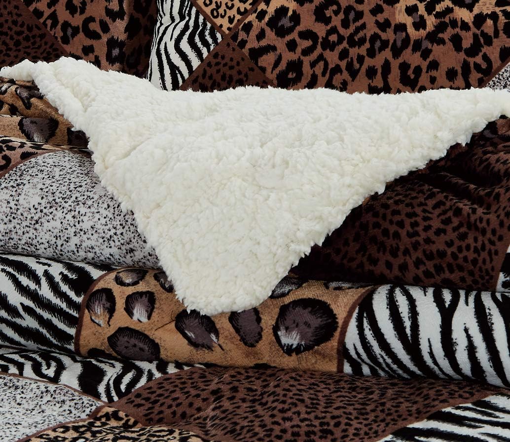 GrandLinen 3 Piece Queen Size Dark Brown Black Animal Print Safari Comforter Set. Leopard, Zebra, Cheetah Winter Micro Fur Bedding with Sherpa Backing