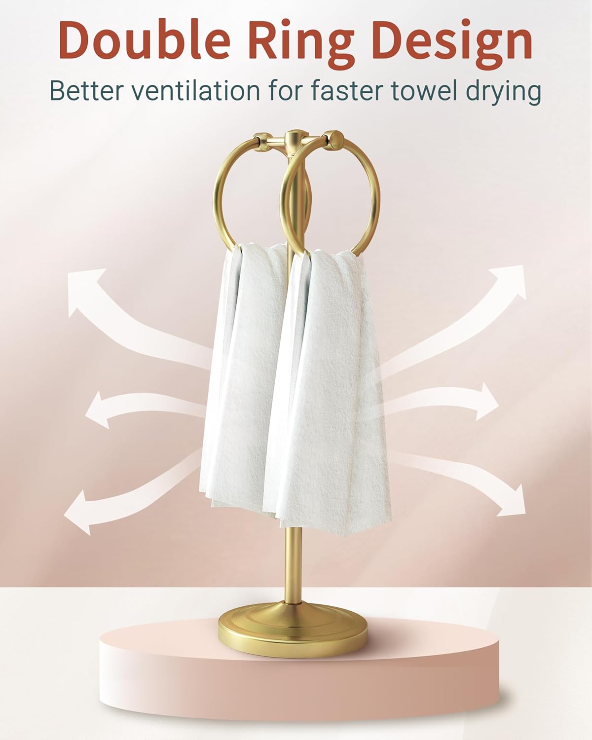 18" Hand Towel Holder Stand, Stainless Steel Free Standing Towel Rack Bar,Double Ring Towel Hanger with Weighted Base, Towel Hardware for Bathroom Vanity Kitchen Countertops(Brushed Gold)