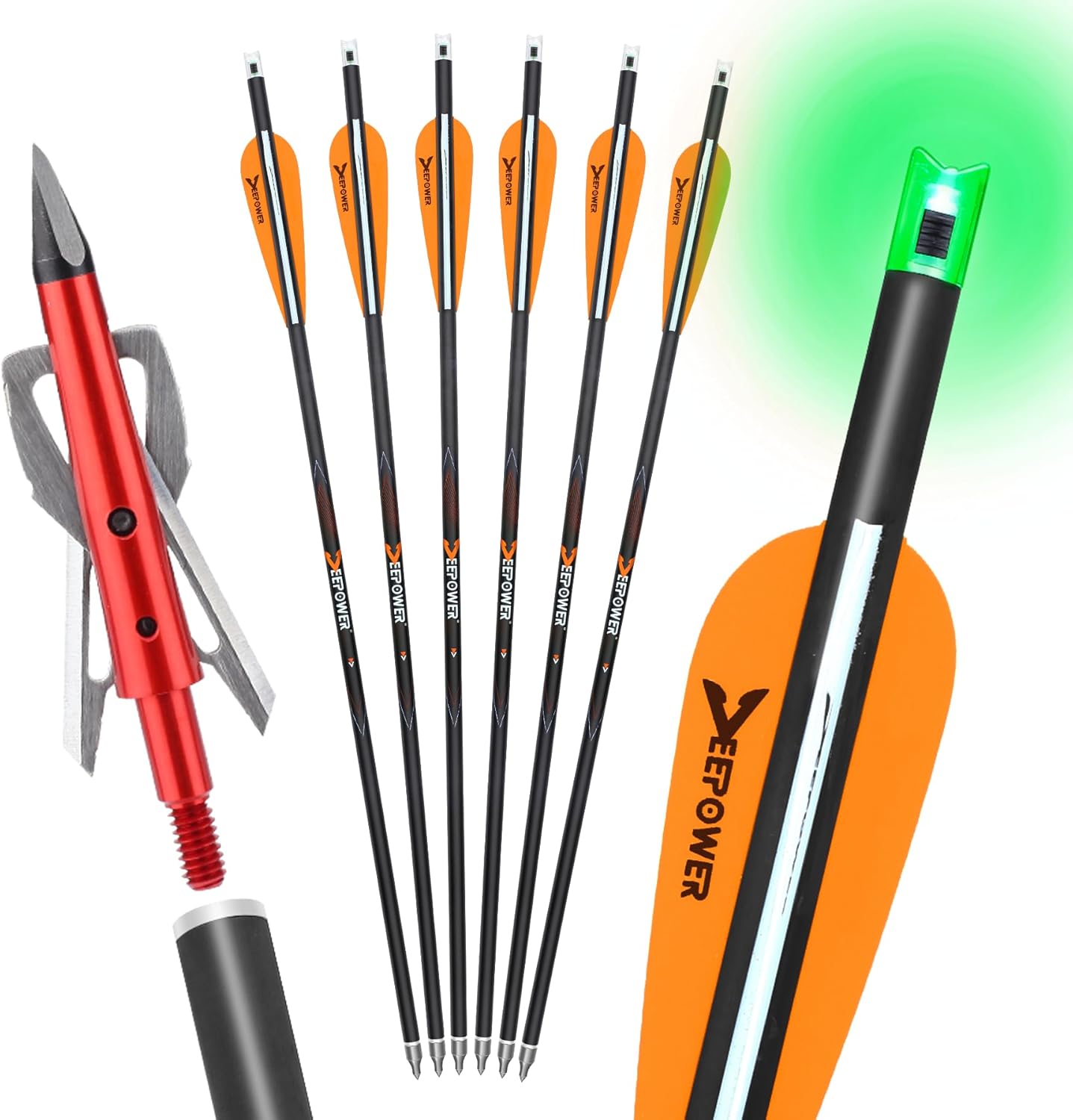 DEEPOWER 6 Pack Crossbow Bolts 20 inch GPI 9.9 with Broadheads 100 Grain and 7.62mm Lighted Nocks Crossbow Arrows for Hunting and Practice Orange