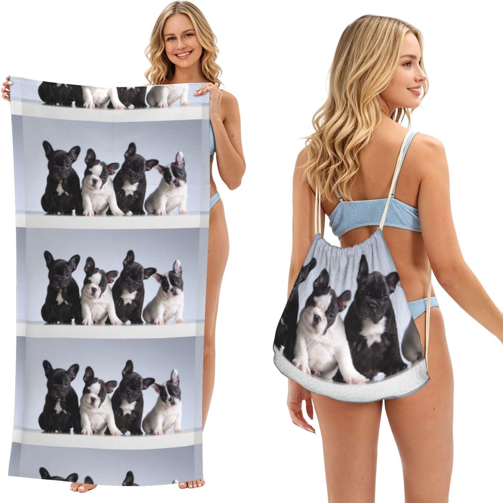 Poadnly As Picture Cute French Bulldog Puppies, 2 In 1 Packable Towel Bag, Beach Towels With Drawstring Backpack For Travel Holiday Camping