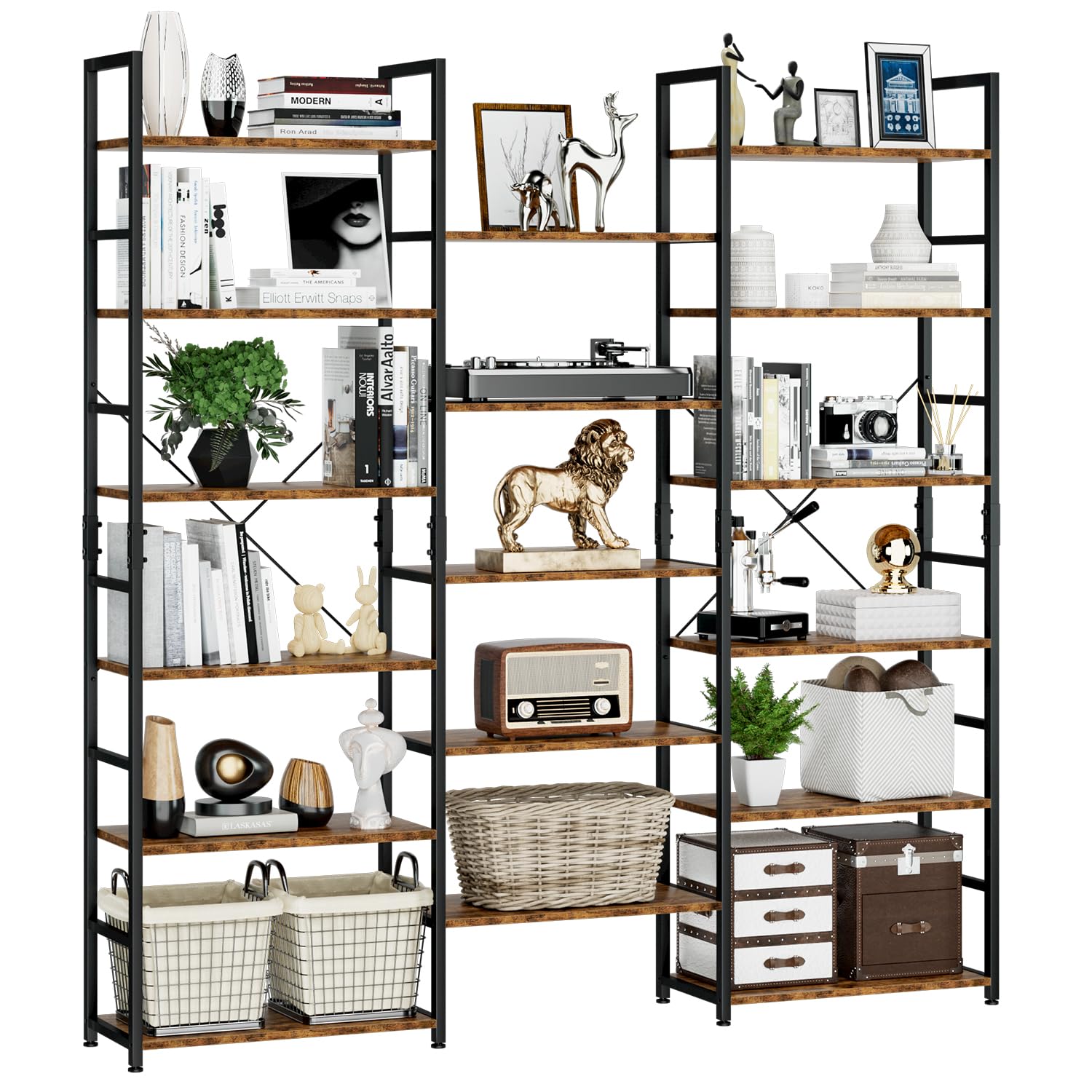 NUMENN Triple Wide 6 Tier Bookshelf, Rustic Industrial Style Bookcases and Bookshelves with 17 Open Display Shelves, Modern Tall Bookcase Furniture for Bedroom, Living Room and Home Office, Vintage