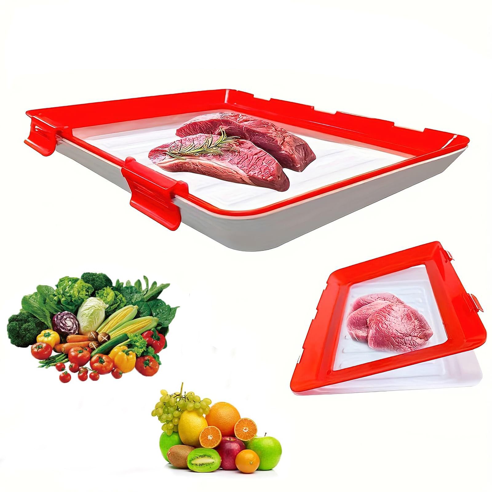 Oehug Red*1 Stretch Storage Fresh Silicone Food Trays,12 X 8.6'' Stackable Cold Meat Containers With Buckle Sealing,Vacuum Food Preservation Tray For Meat Vegetable Fruit (Red*1)