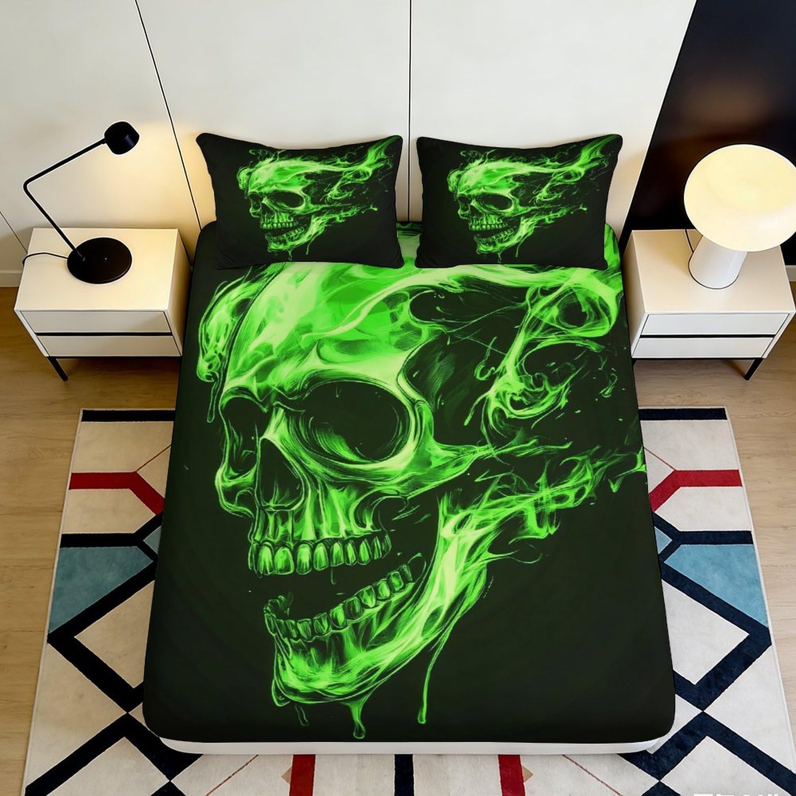 Jqzkxnhpbr Style-4 3D Printed Green Skull Fitted Sheet Microfiber Soft Slip-Resistant Neon Smoke Mattress Cover For Bedroom Guestroom Dorm Protection Decor 90X200x25cm