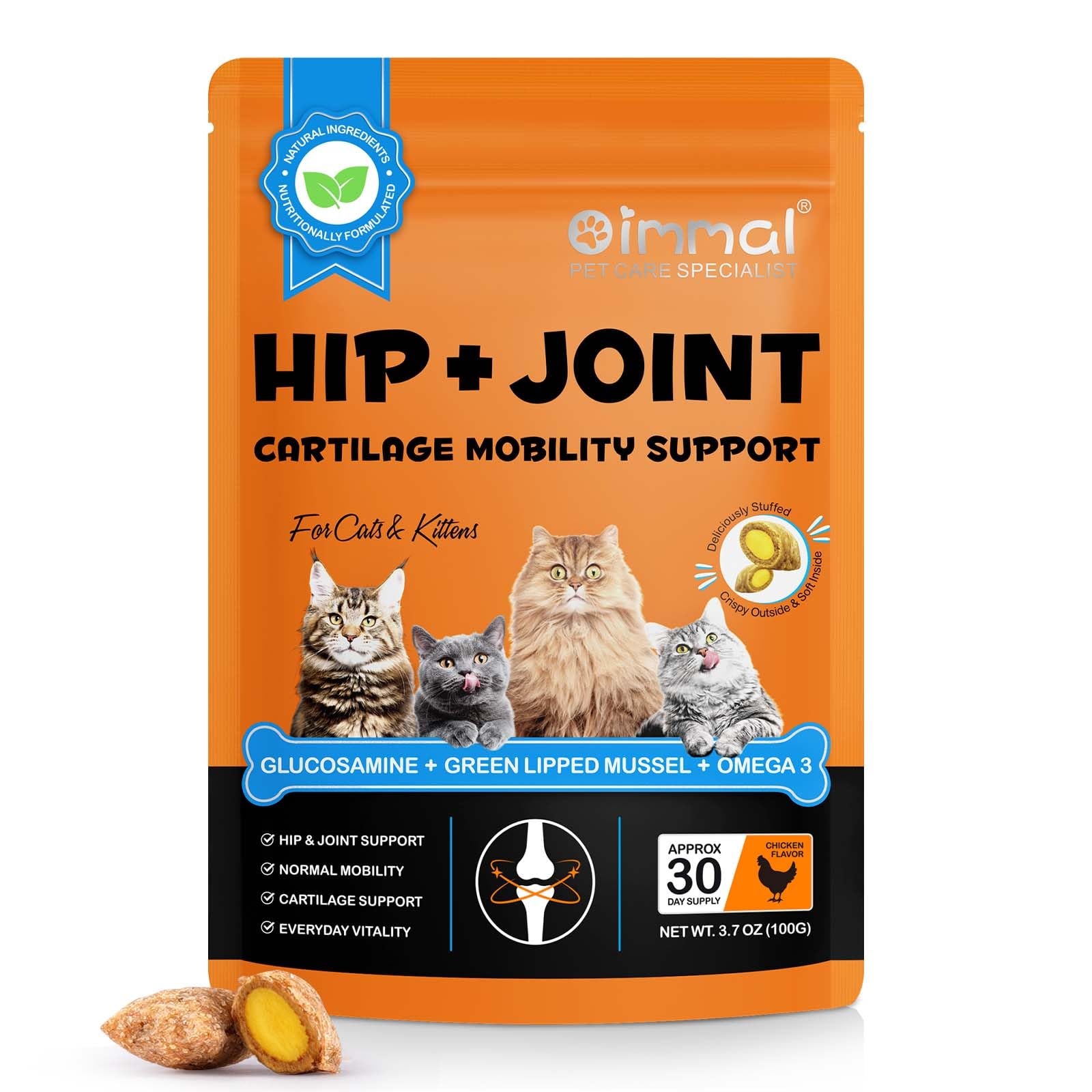 Hip & Joint Supplement For Cats, Cat Joint Supplement for Joints Care, Joints Aid Chews with Glucosamine, Chondroitin, Green Lipped Mussel & Omega-3, All Life Stages - Chicken Flavour