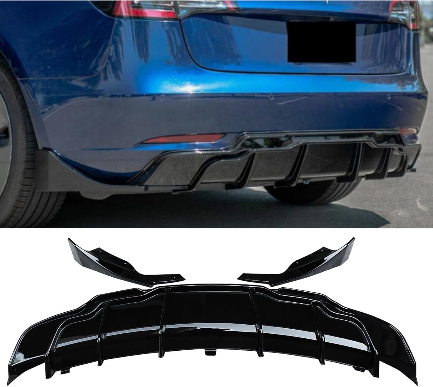 Rear Bumper Diffuser Splitter Lip with Side Aprons Fits for 2017 2018 2019 2020 2021 2022 2023 Tesla Model 3 Rear Bumper Molding Lip Spoiler & Corner Aprons Pair Gloss Black PP