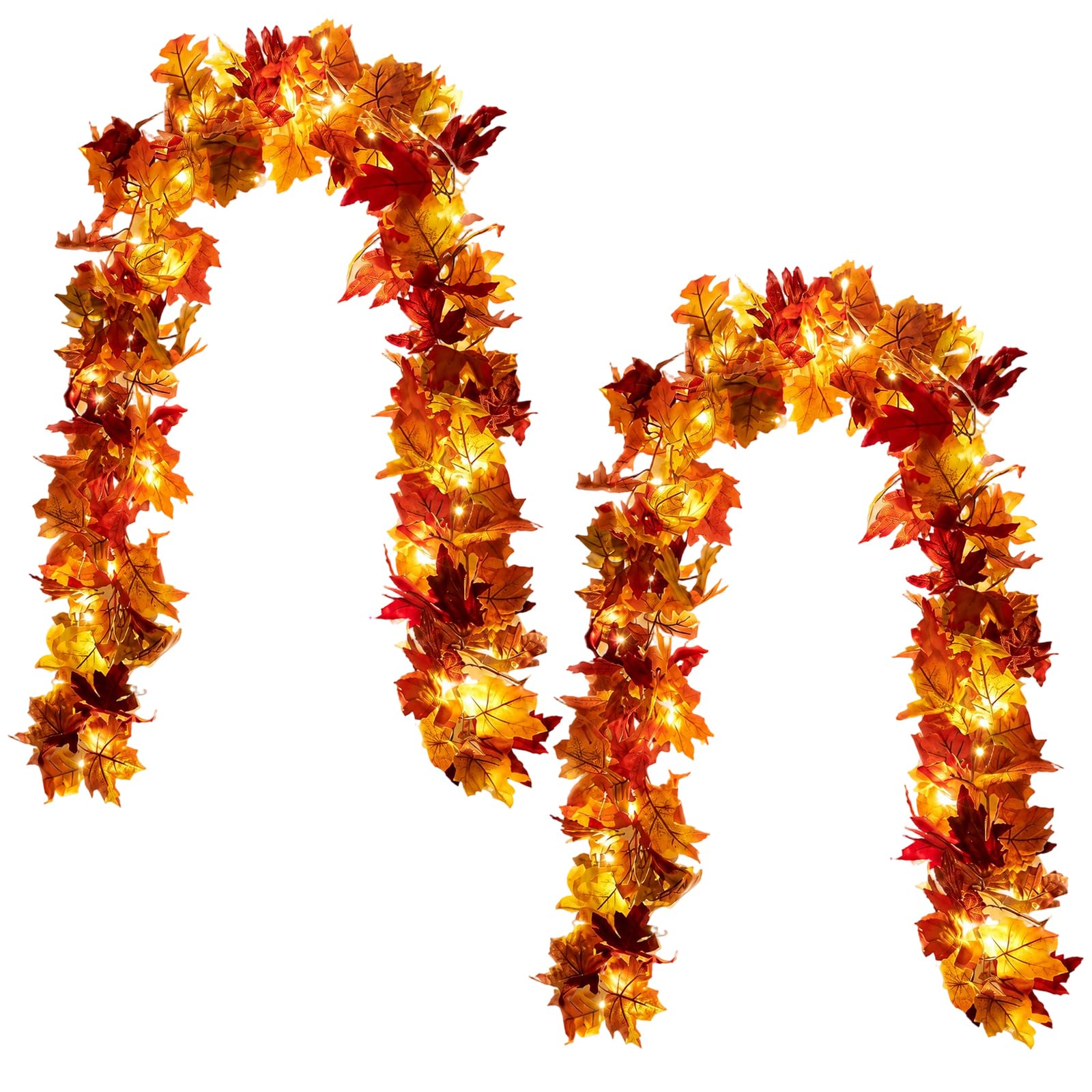 2 Pcs Autumn Decorations, Artificial Autumn Garland with Lights, Fall Maple Leaves Garland for Home Thanksgiving Fireplace Halloween Fall Wedding Party Christmas Decor