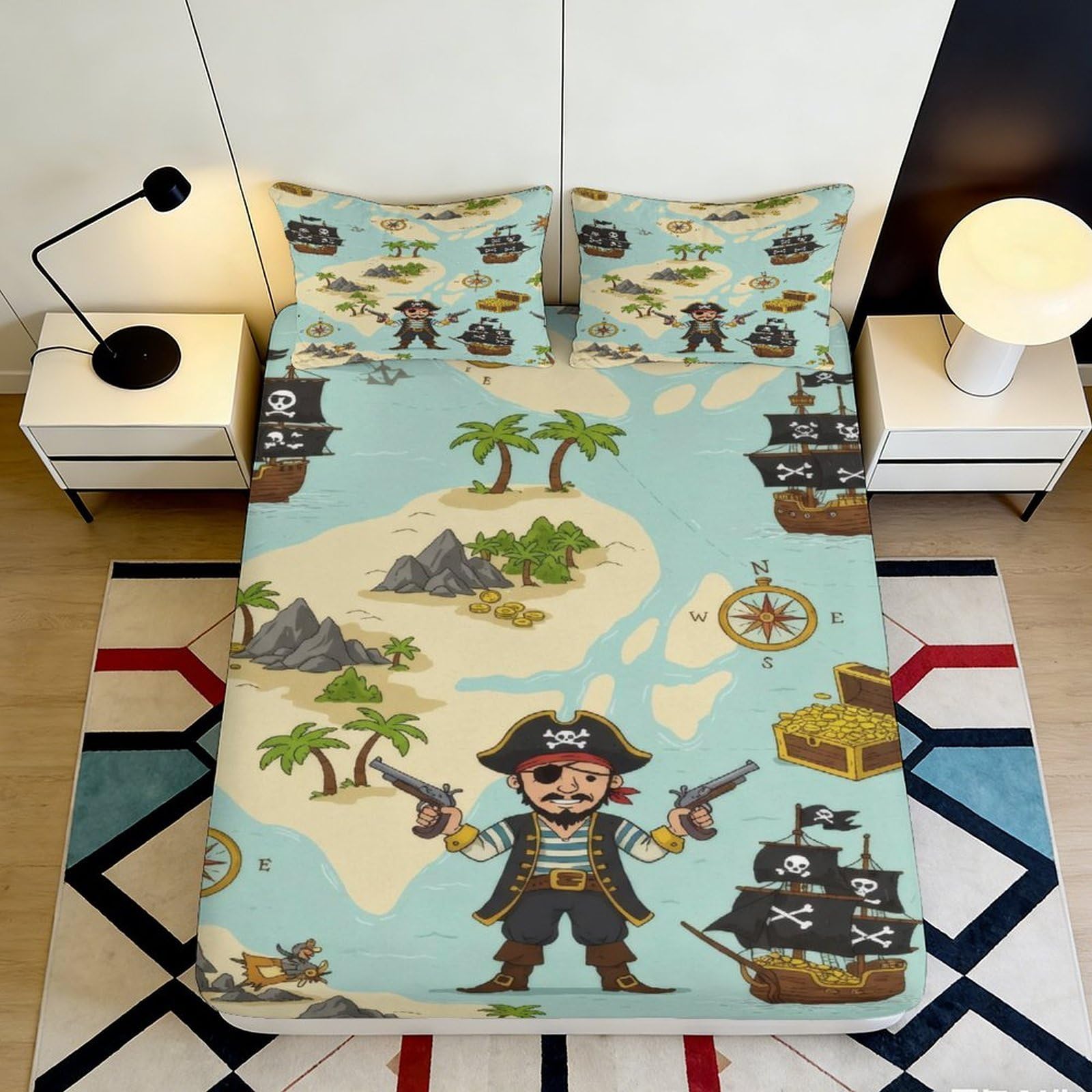 3D Printed Pirate Treasure Map Fitted Sheet Microfiber Soft Non-slip Bed Cover for Bedroom Dorm Mattress Decor 90x200x25cm