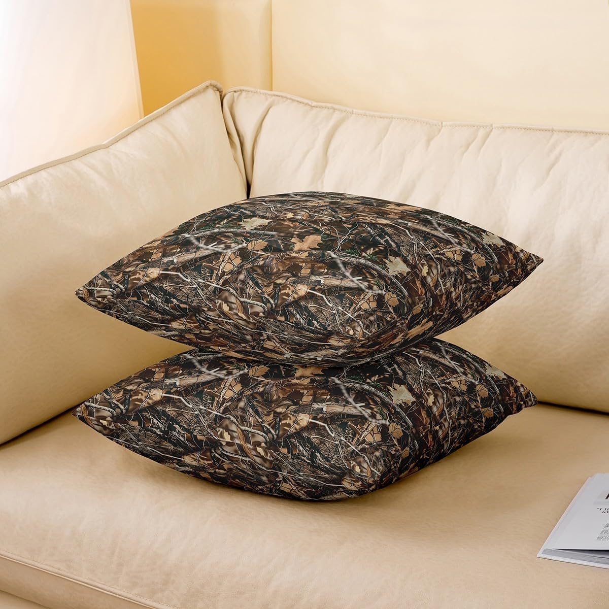 jejeloiu Camouflage Throw Pillow Covers 22"x22" Set of 2 Soft Tree Branches Pillow Cases Cushion Covers Decor Camo Tree Military Style Botanical Throw Pillowcases Brown Leaf Cushion Cases