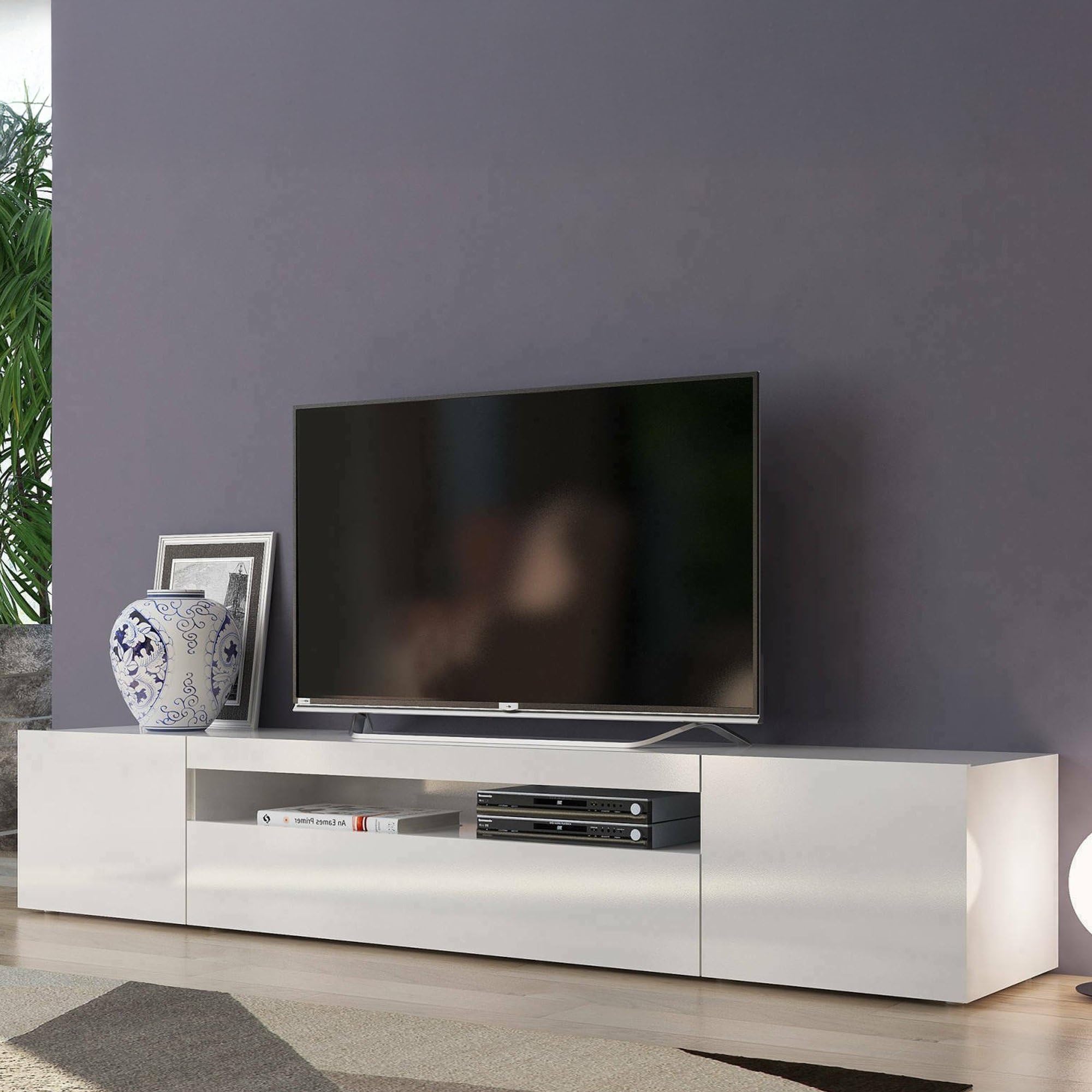 scaffale tv in legno bianco con tre porte per salotto
