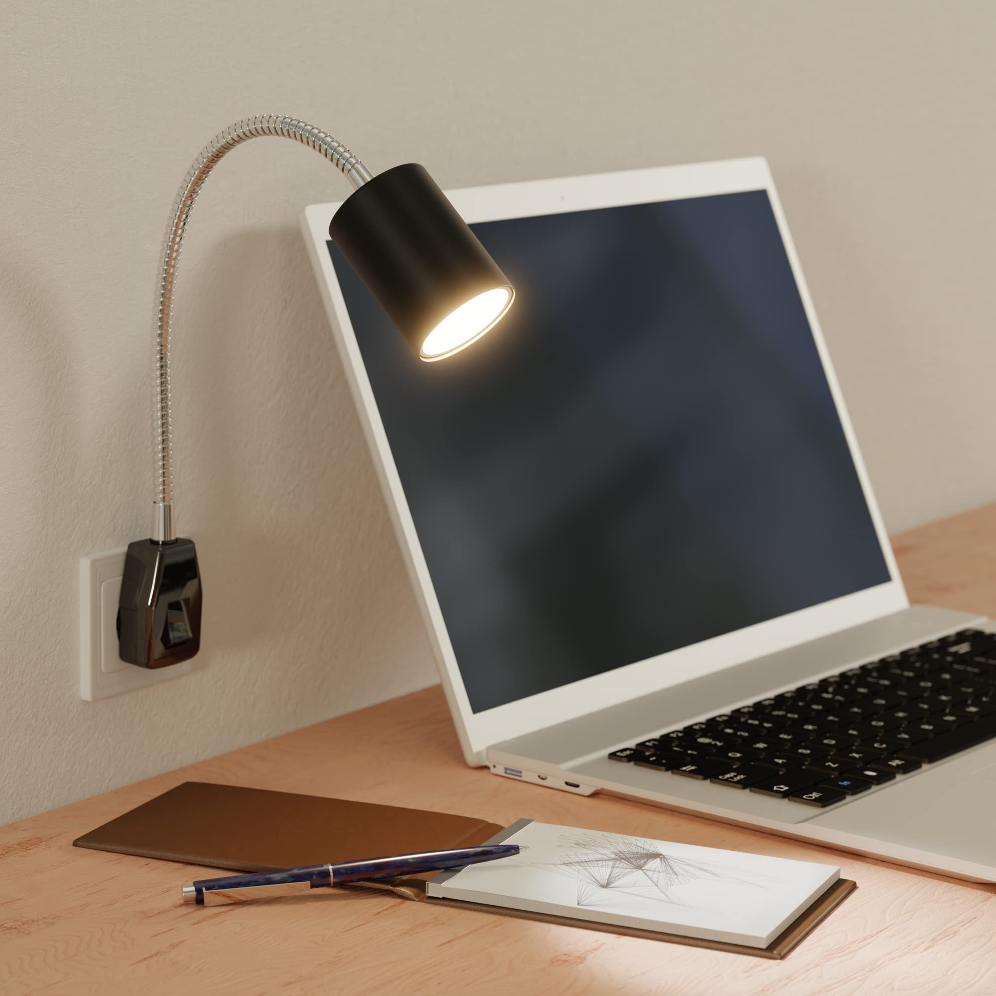 ledscom.de 2x GU10 Steckdosenlampe WAIKA Schwanenhals, Schalter, schwarz inkl. Smart Home RGBW GU10 LED