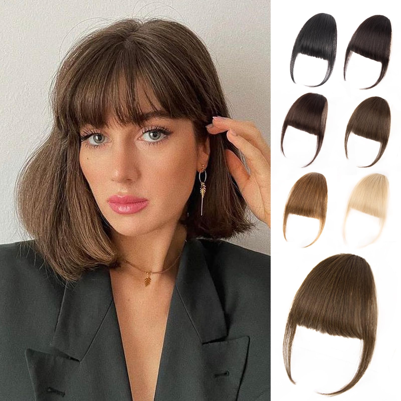 EINAEY Clip-in-Pony, 100 % Echthaar, mittelbraun, künstlicher Pony, Haarteile für Damen, Pony, Haarclip mit Bügel, Wispy Pony, Clip-in-Haarverlängerungen für den täglichen Gebrauch